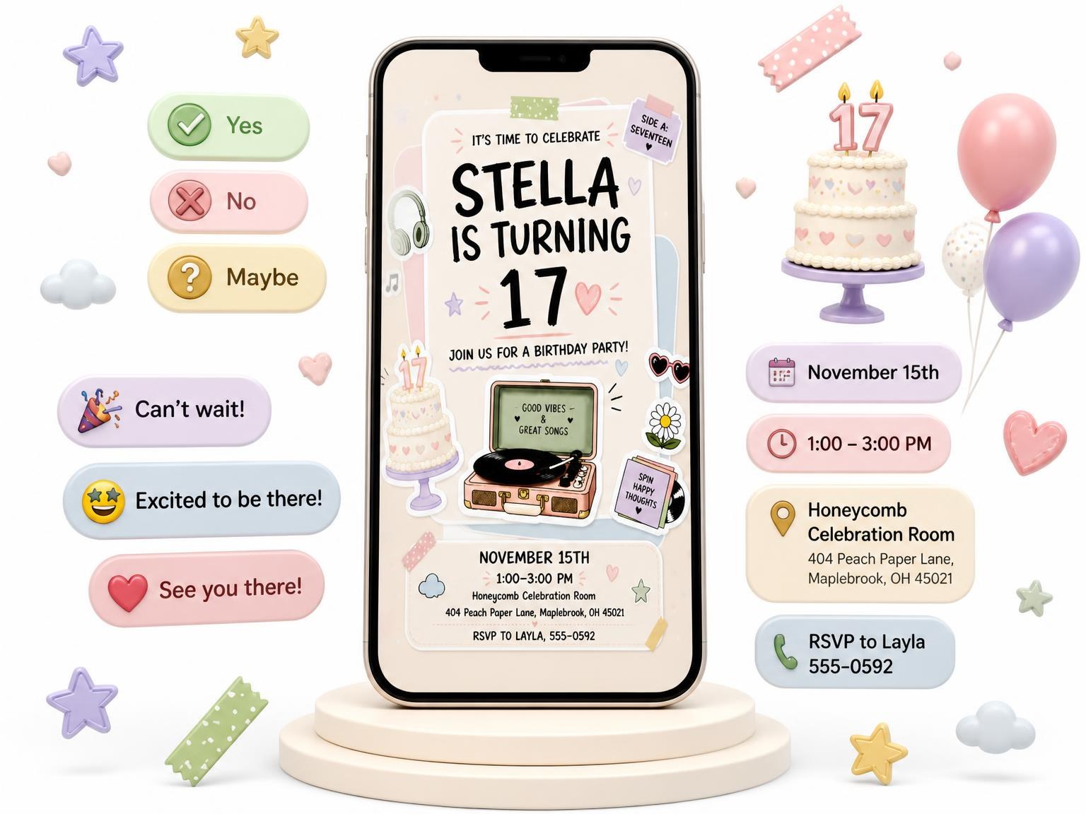 The Headphones Pastel 17th Birthday Invitation invitation on a phone, with guest RSVPs arriving around it