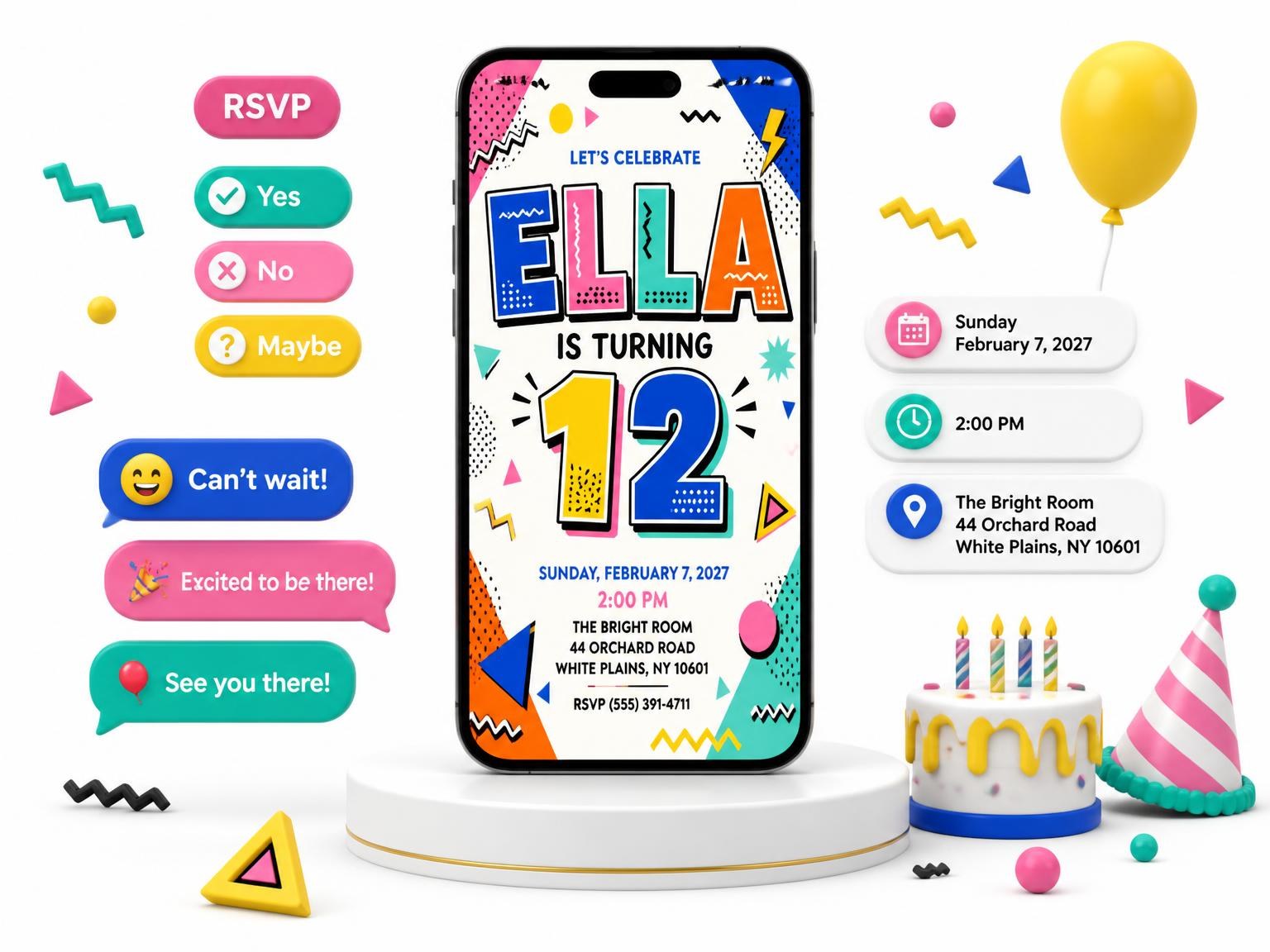 The Memphis Pop 12th Birthday Invitation invitation on a phone, with guest RSVPs arriving around it