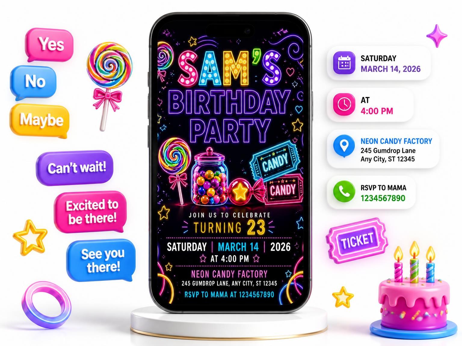 The Neon Candy 23rd Birthday Invitation invitation on a phone, with guest RSVPs arriving around it