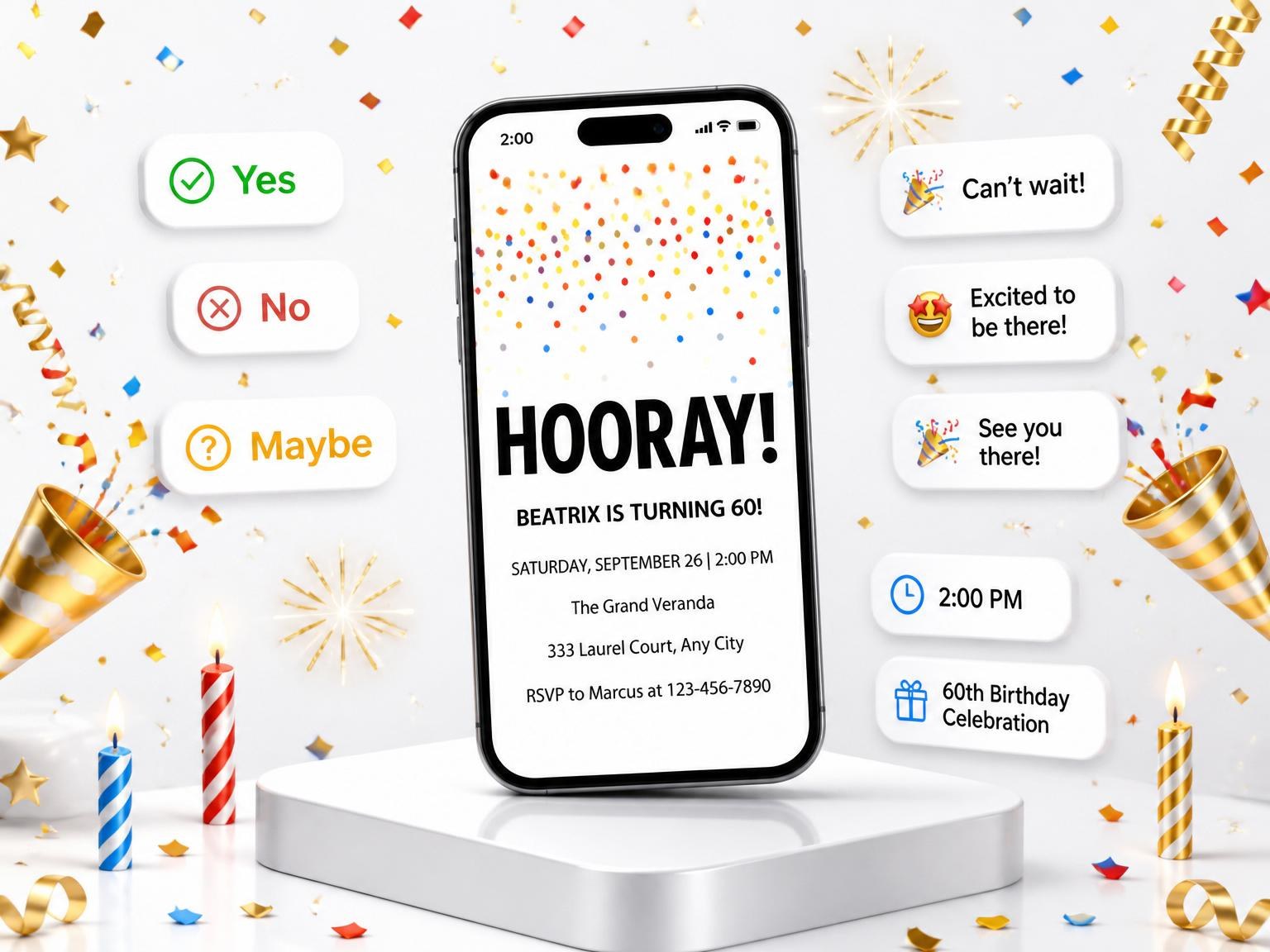 The Colorful Confetti 60th Birthday Invitation invitation on a phone, with guest RSVPs arriving around it