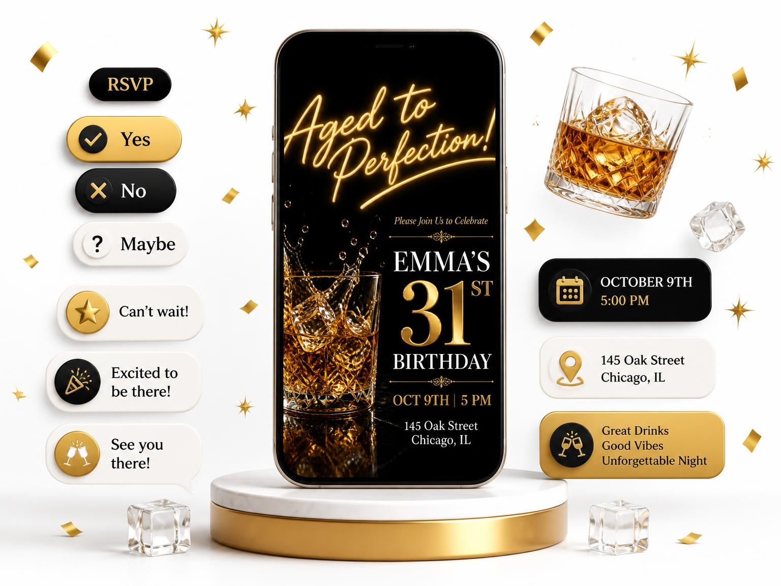 The Whiskey Glass 31st Birthday Invitation invitation on a phone, with guest RSVPs arriving around it