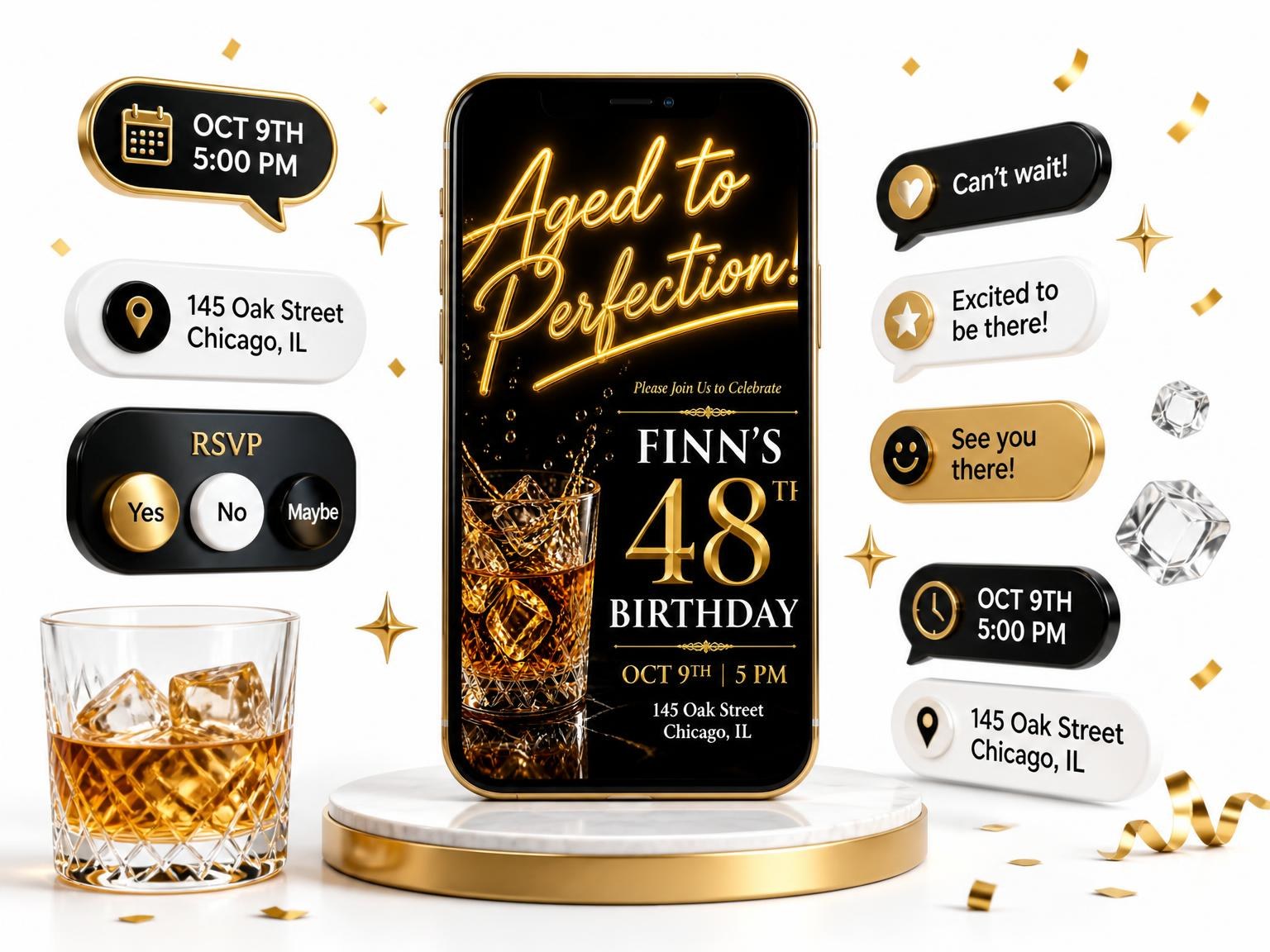The Whiskey Tumbler 48th Birthday Invitation invitation on a phone, with guest RSVPs arriving around it
