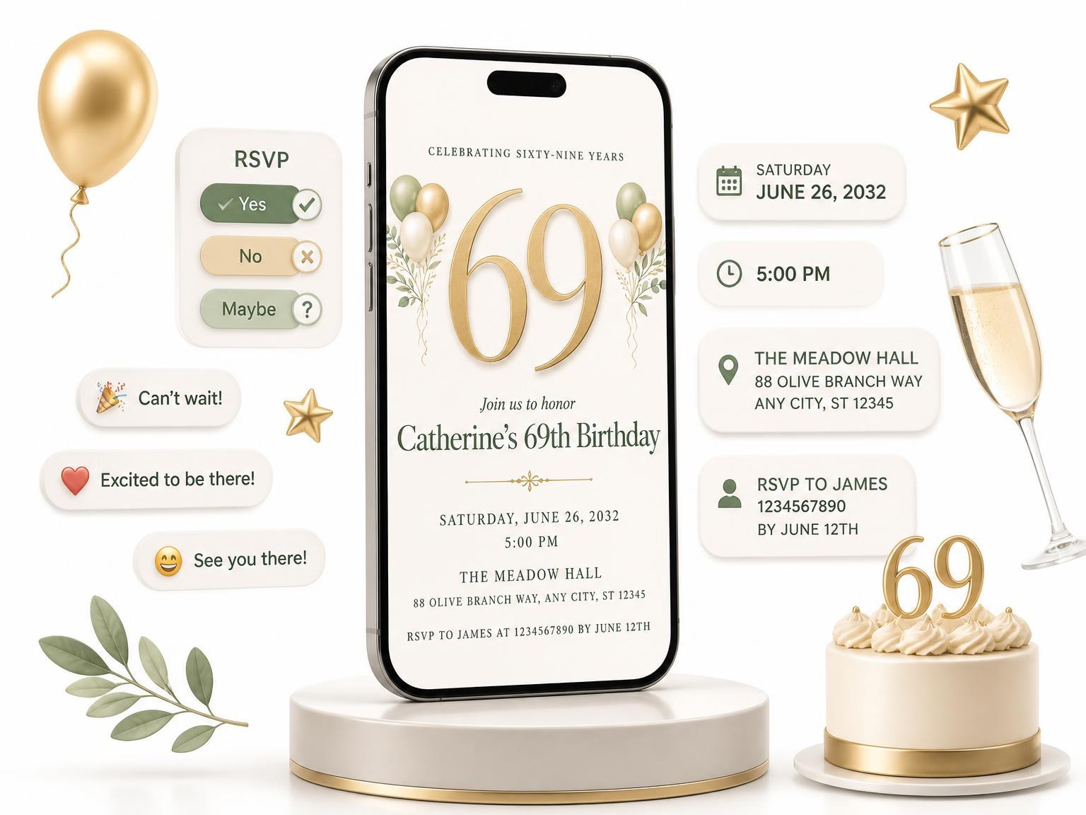 The Sage and Ivory 69th Birthday Invitation invitation on a phone, with guest RSVPs arriving around it