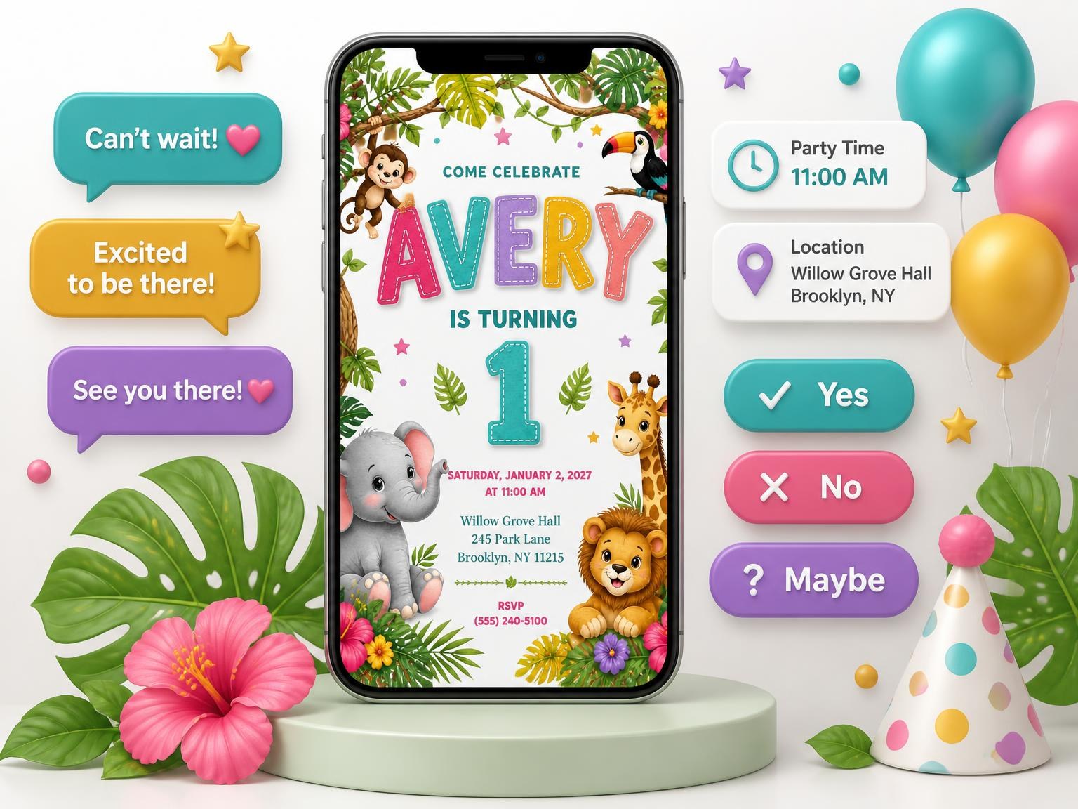 The Jungle Animal Safari 1st Birthday invitation on a phone, with guest RSVPs arriving around it