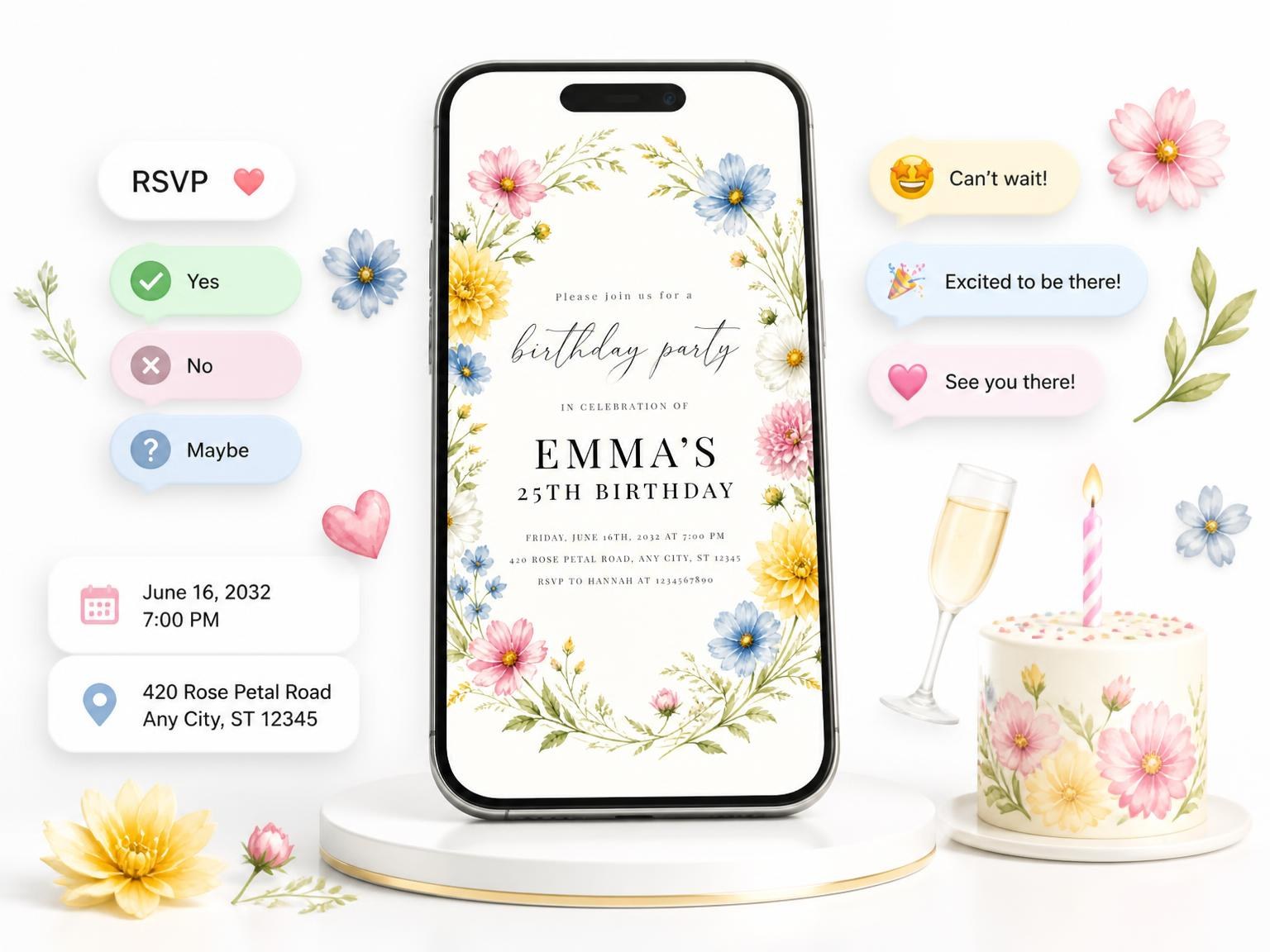 The Spring Wildflower Wreath 25th Birthday Invitation invitation on a phone, with guest RSVPs arriving around it