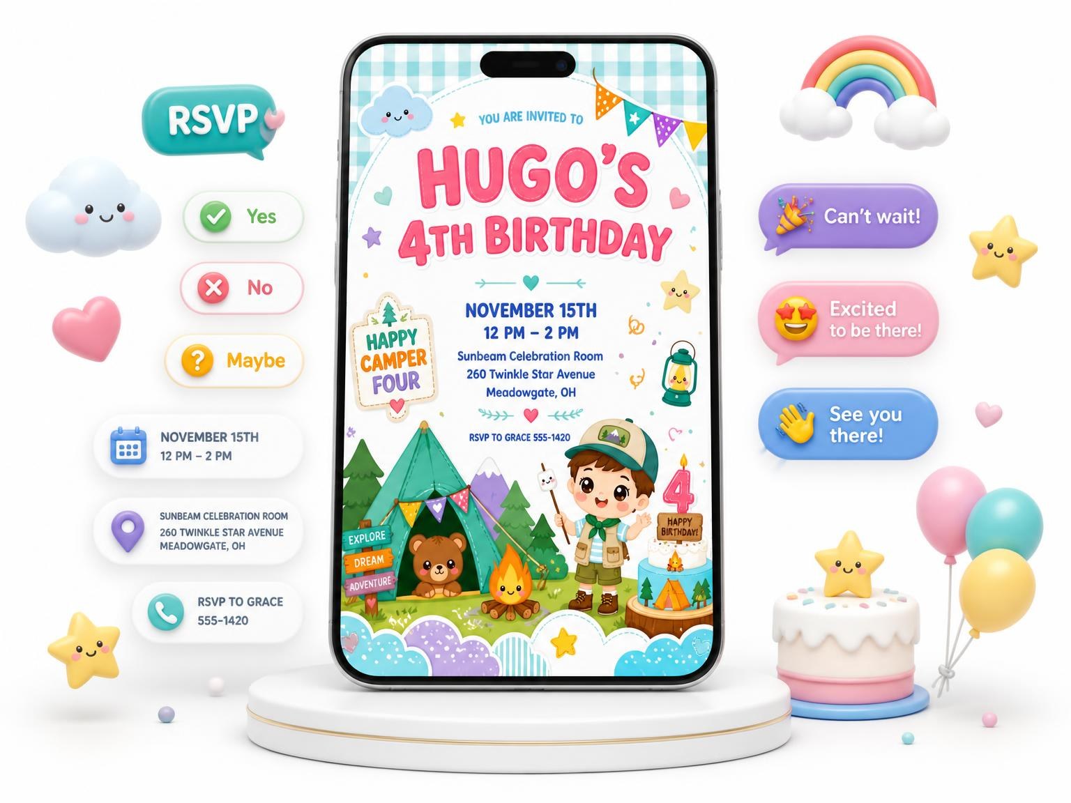 The Scout Kawaii Pastel 4th Birthday Invitation invitation on a phone, with guest RSVPs arriving around it