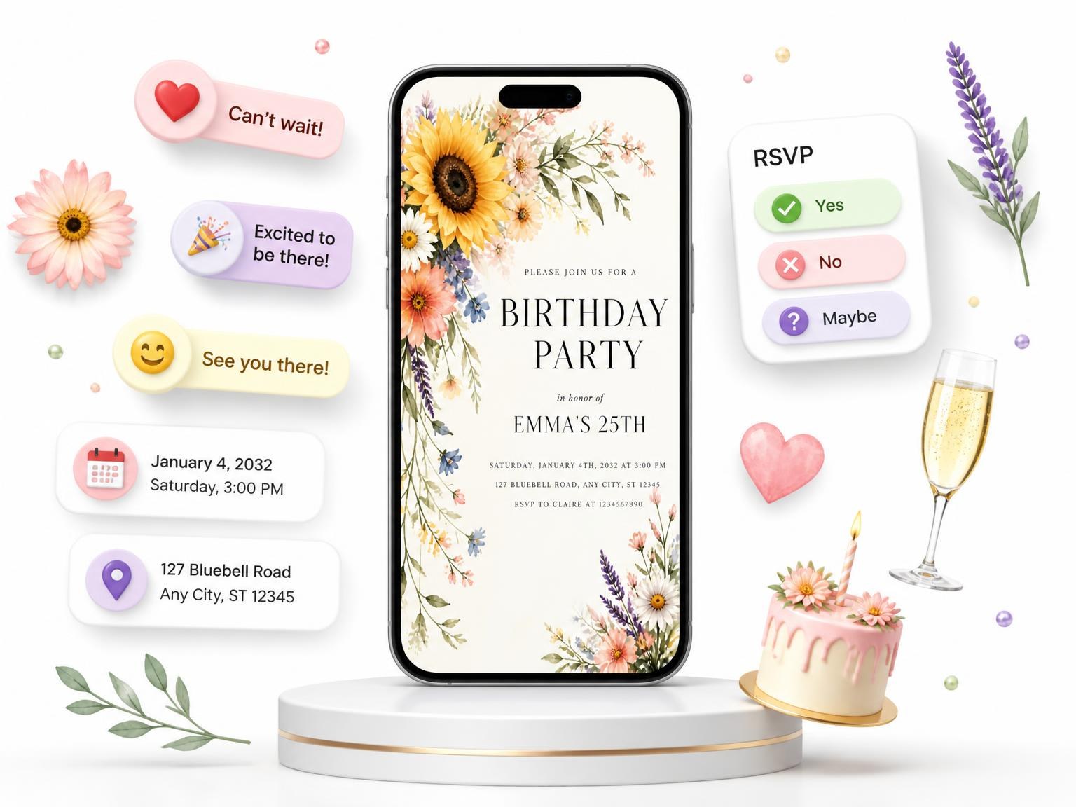 The Pastel Wildflower Spray 25th Birthday Invitation invitation on a phone, with guest RSVPs arriving around it