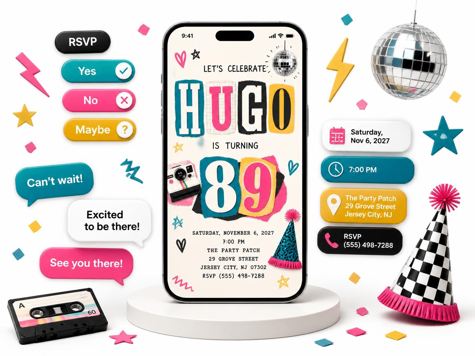 The Retro Paper Collage 89th Birthday Invitation invitation on a phone, with guest RSVPs arriving around it