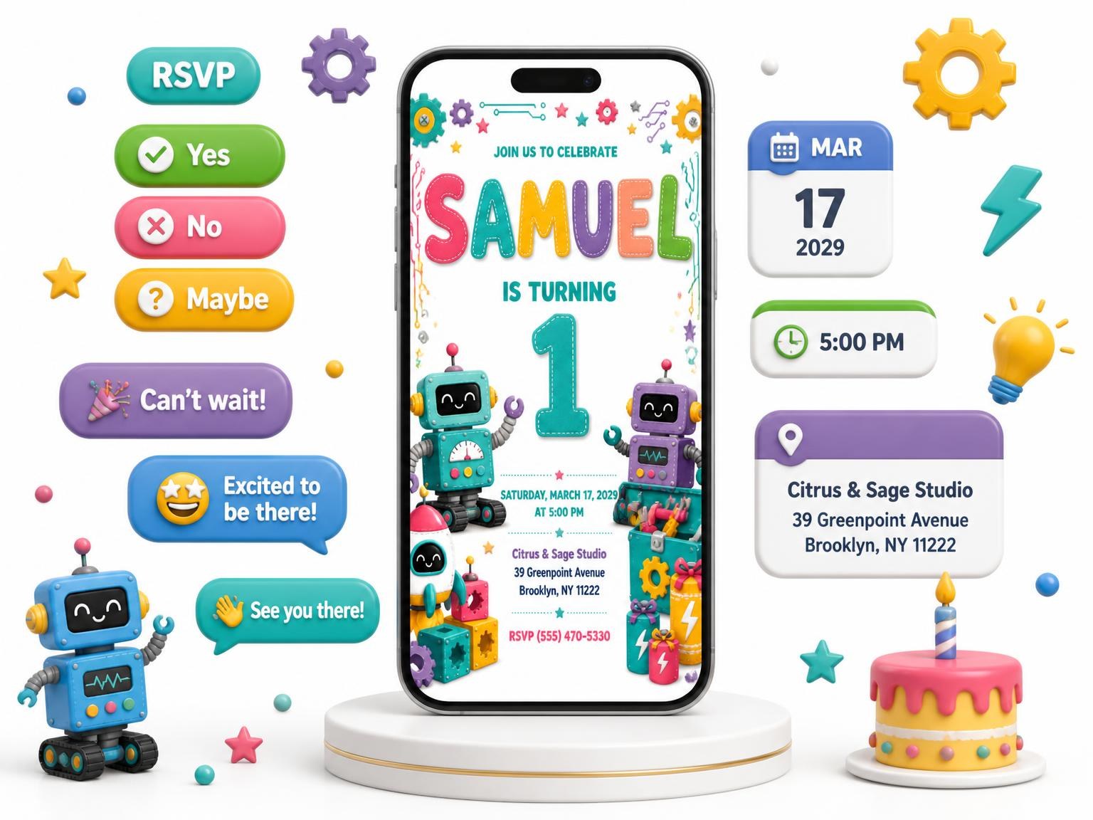 The Stitched Robot 1st Birthday Invitation invitation on a phone, with guest RSVPs arriving around it