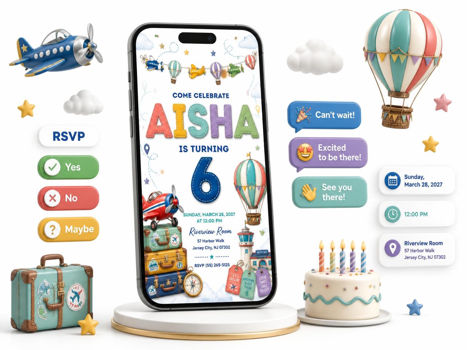 The Stitched Up and Away 6th Birthday Invitation invitation on a phone, with guest RSVPs arriving around it