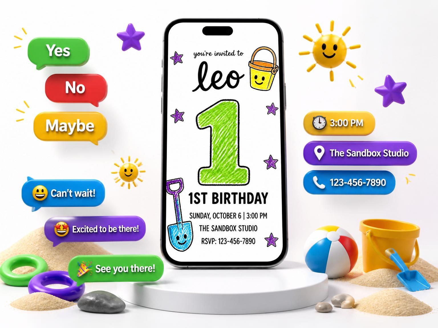 The Crayon Beach Toy 1st Birthday invitation on a phone, with guest RSVPs arriving around it