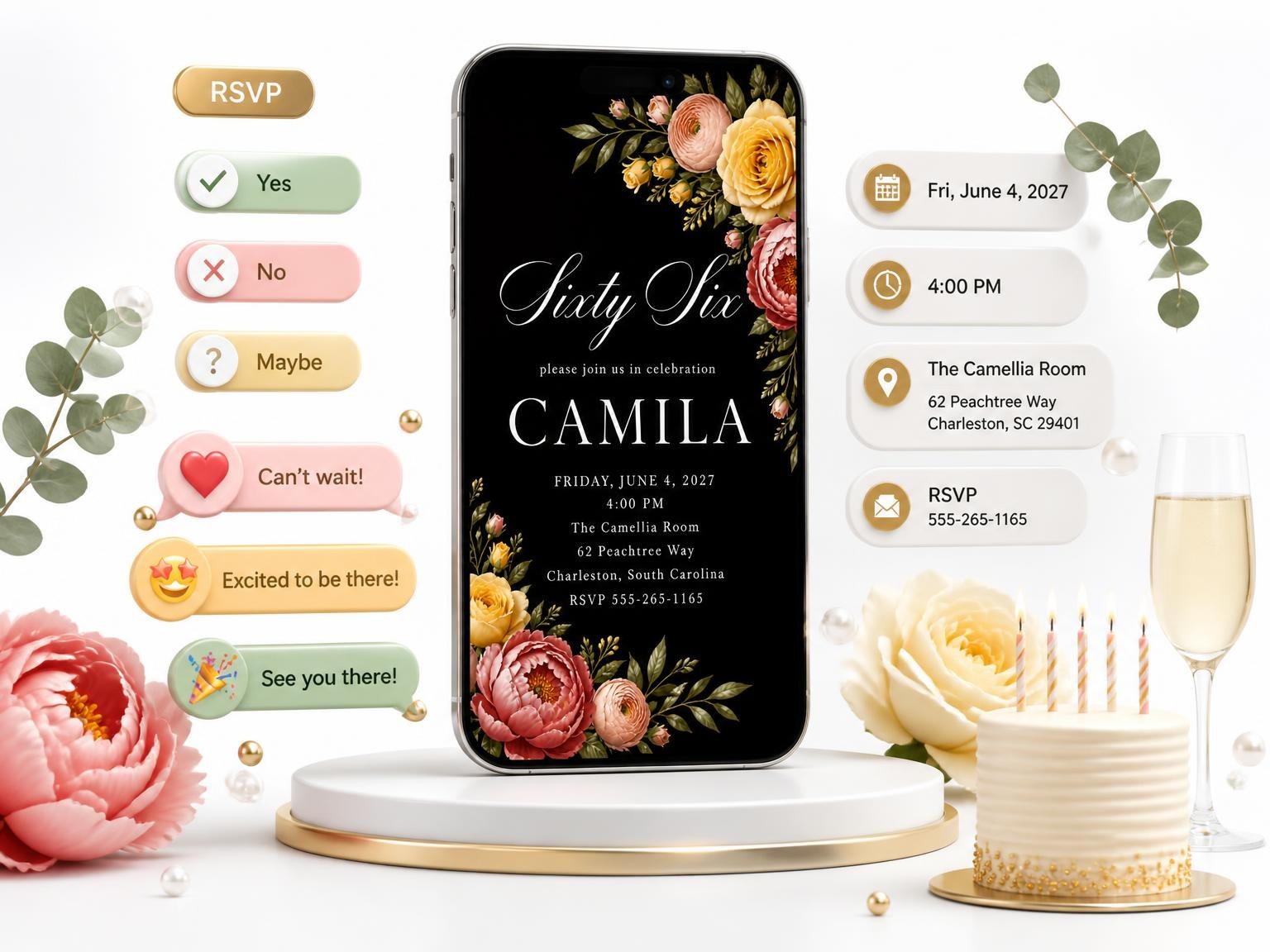 The Black Floral 66th Birthday Invitation invitation on a phone, with guest RSVPs arriving around it