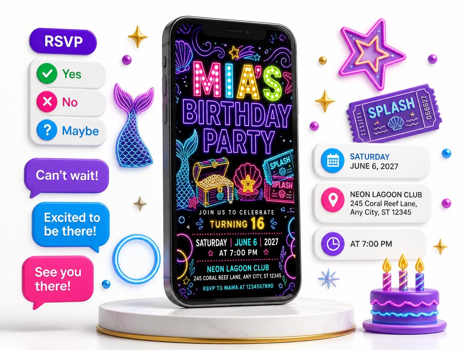 The Neon Mermaid 16th Birthday Invitation invitation on a phone, with guest RSVPs arriving around it