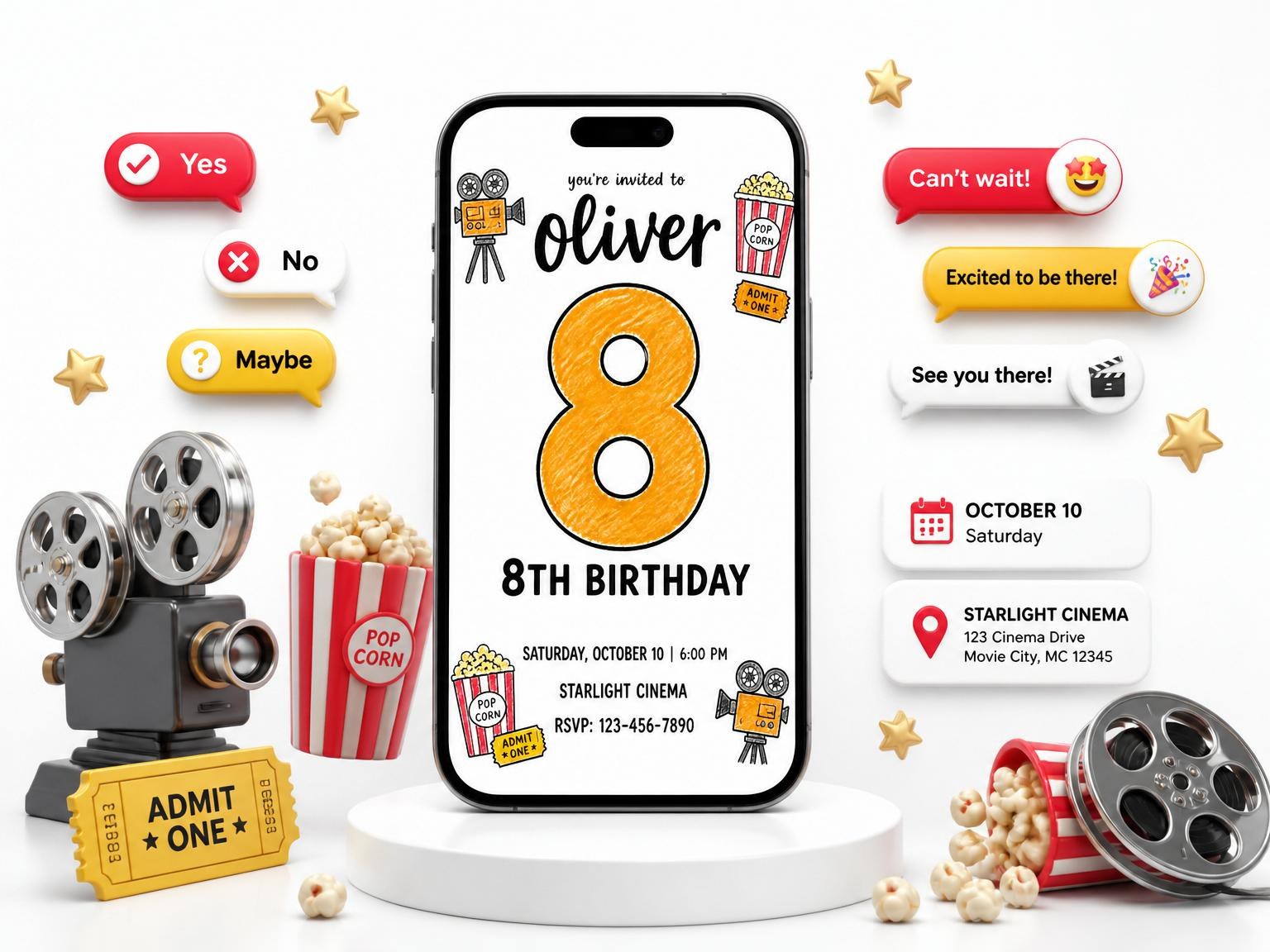 The Crayon Sketch Movie Theater 8th Birthday invitation on a phone, with guest RSVPs arriving around it