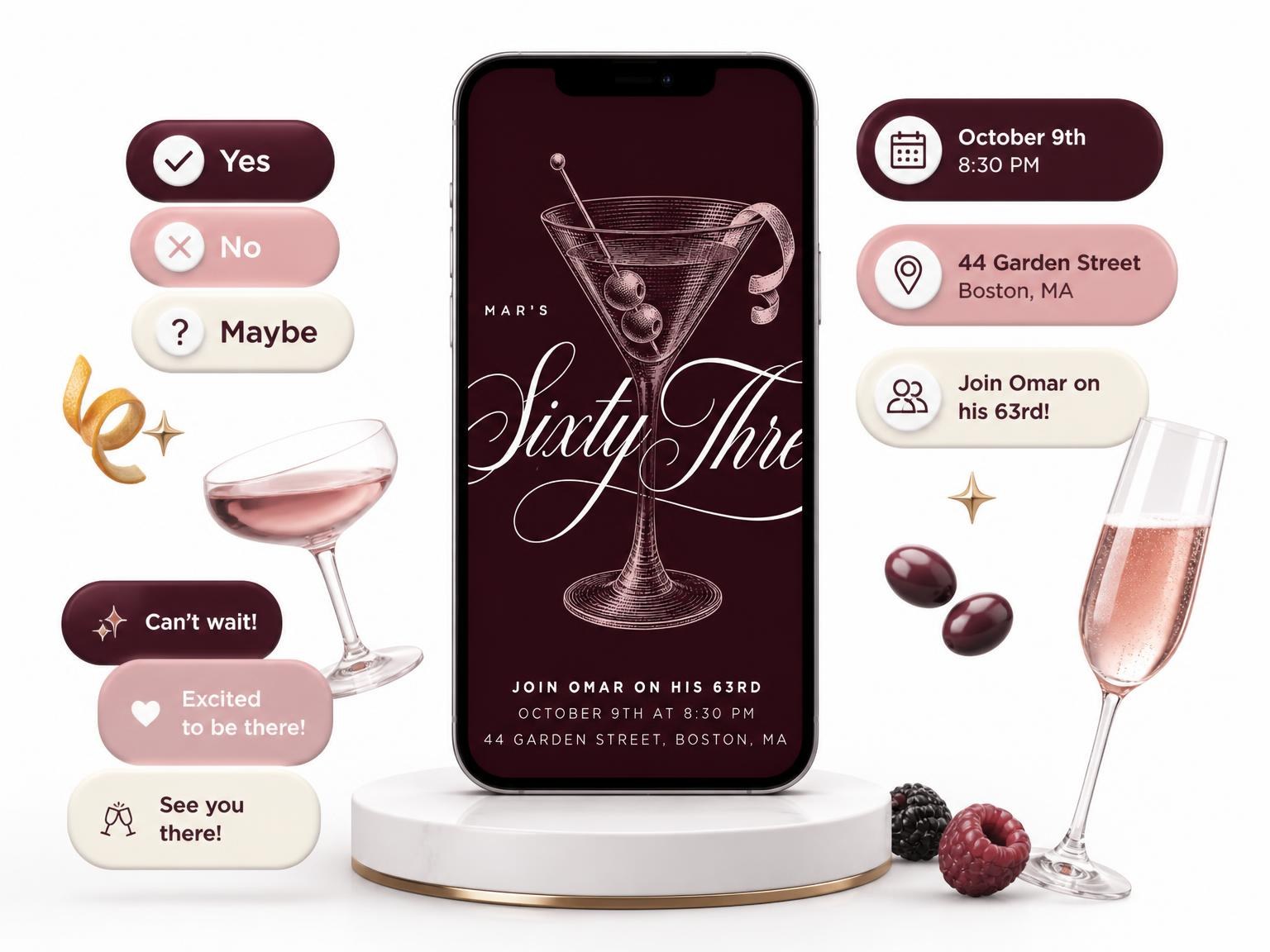 The Burgundy Cocktail 63rd Birthday Invitation invitation on a phone, with guest RSVPs arriving around it