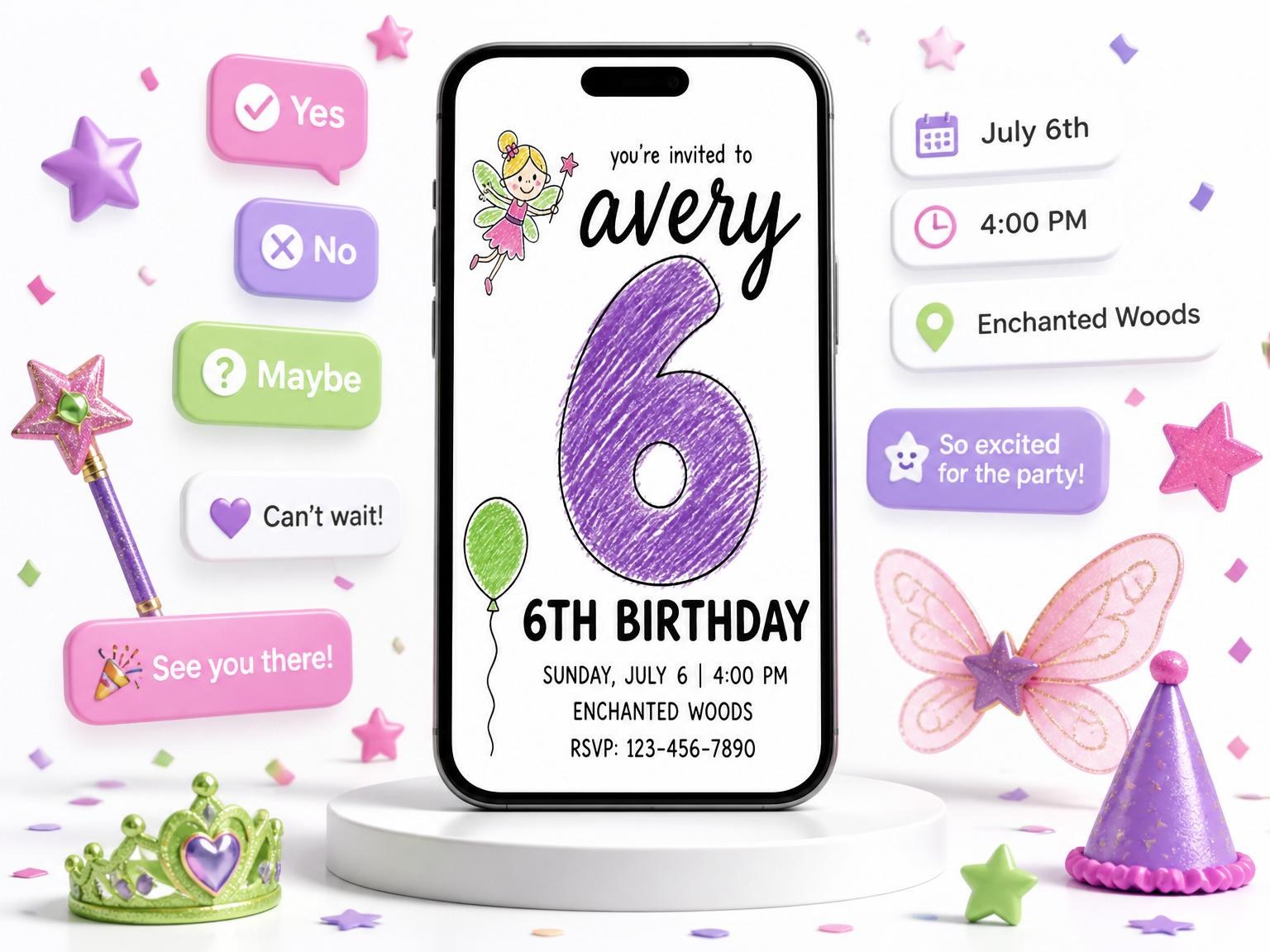 The Crayon Texture Fairy 6th Birthday invitation on a phone, with guest RSVPs arriving around it