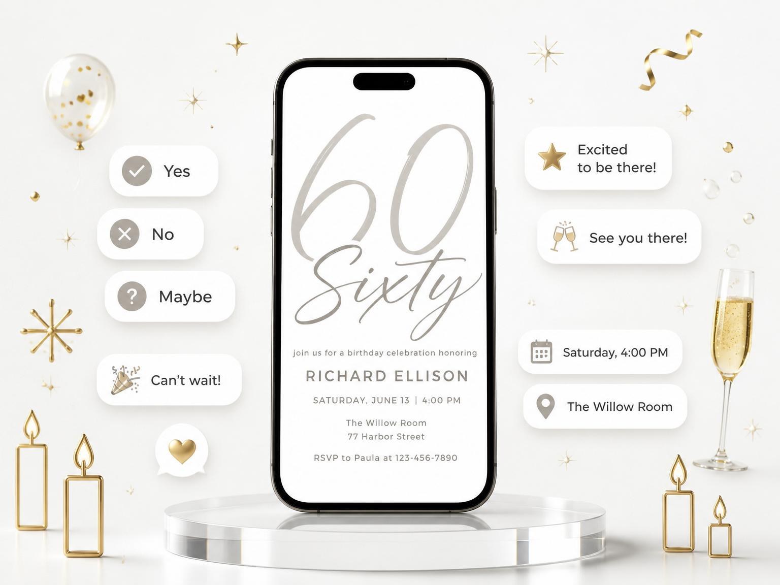 The Taupe Brush-Stroke 60th Birthday Invitation invitation on a phone, with guest RSVPs arriving around it