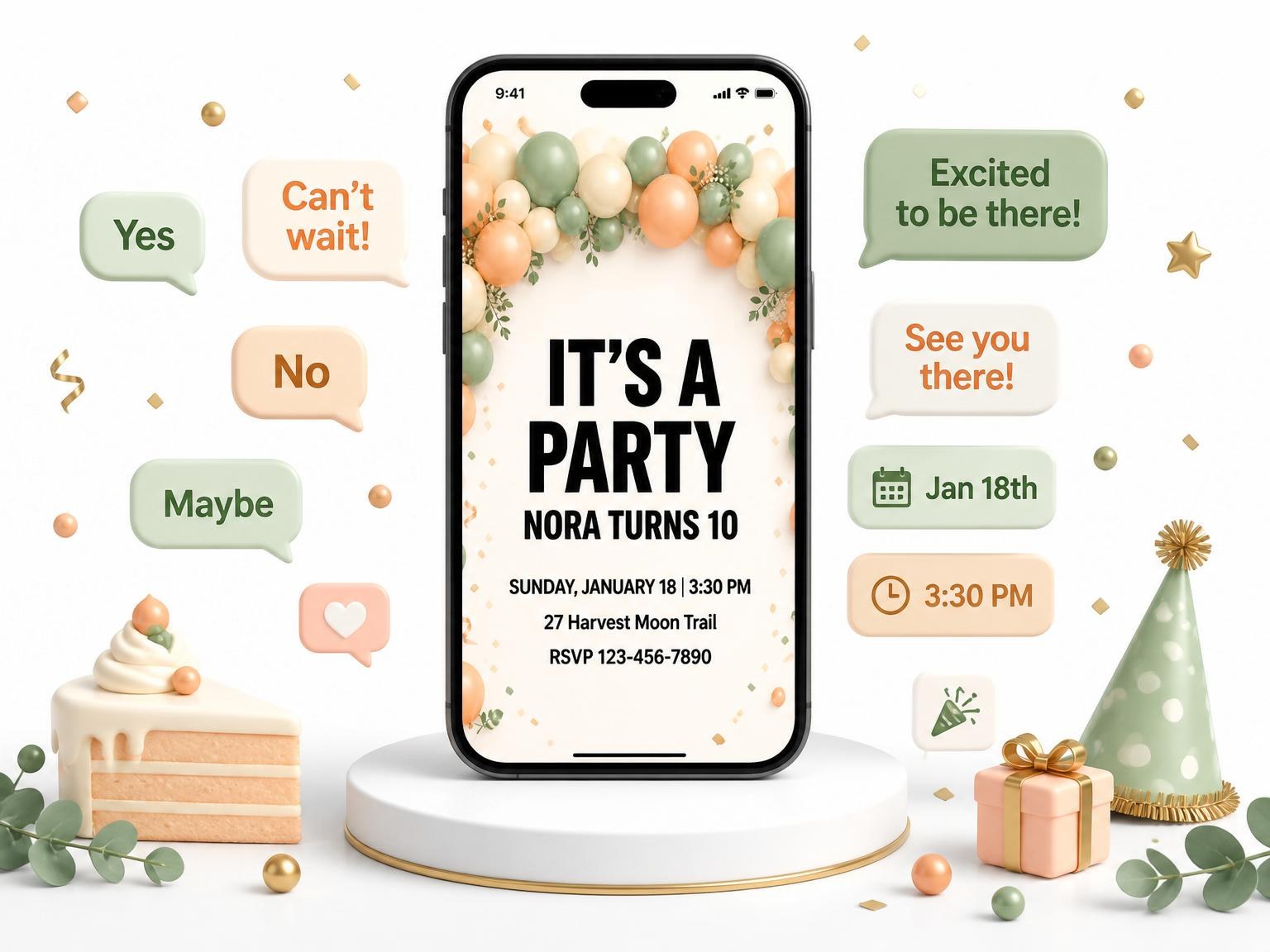 The Sage and Peach Balloon 10th Birthday invitation on a phone, with guest RSVPs arriving around it