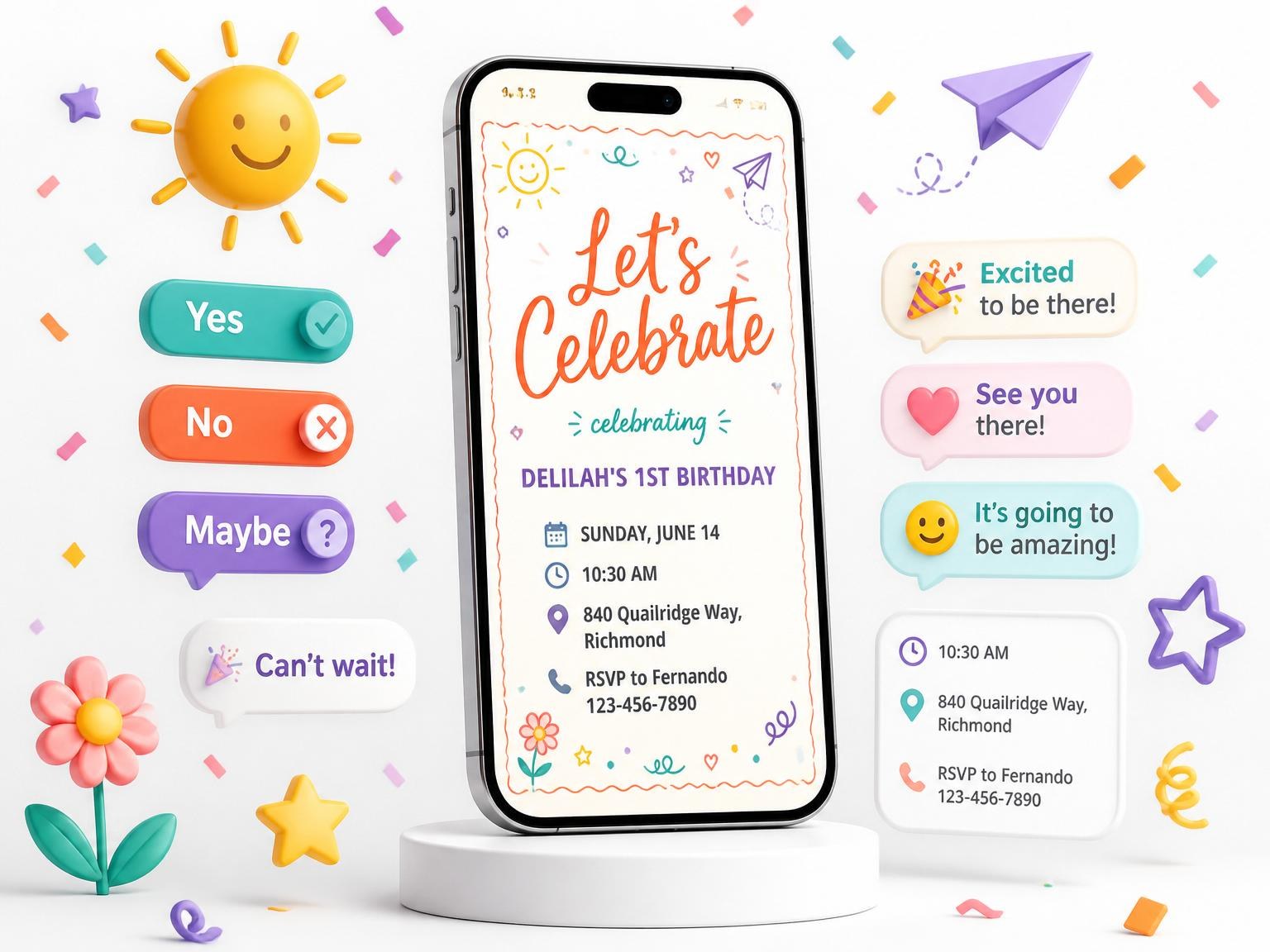 The Multicolor Doodle 1st Birthday Invitation invitation on a phone, with guest RSVPs arriving around it