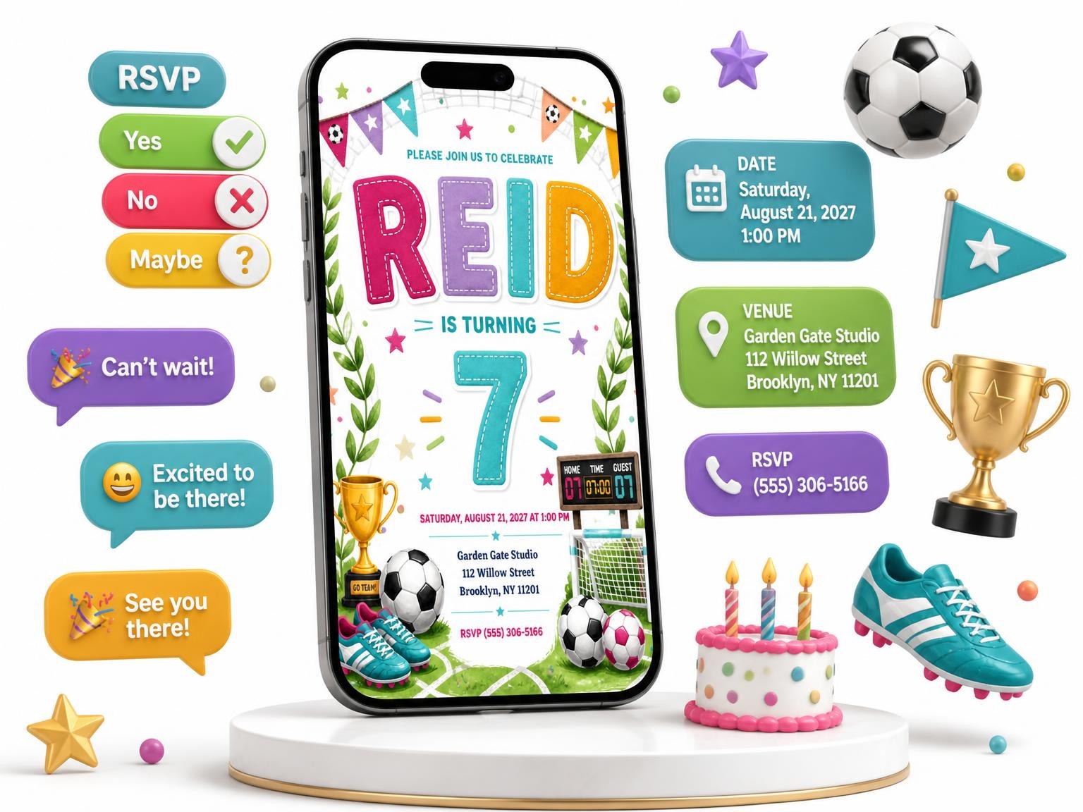 The Stitched Soccer 7th Birthday Invitation invitation on a phone, with guest RSVPs arriving around it