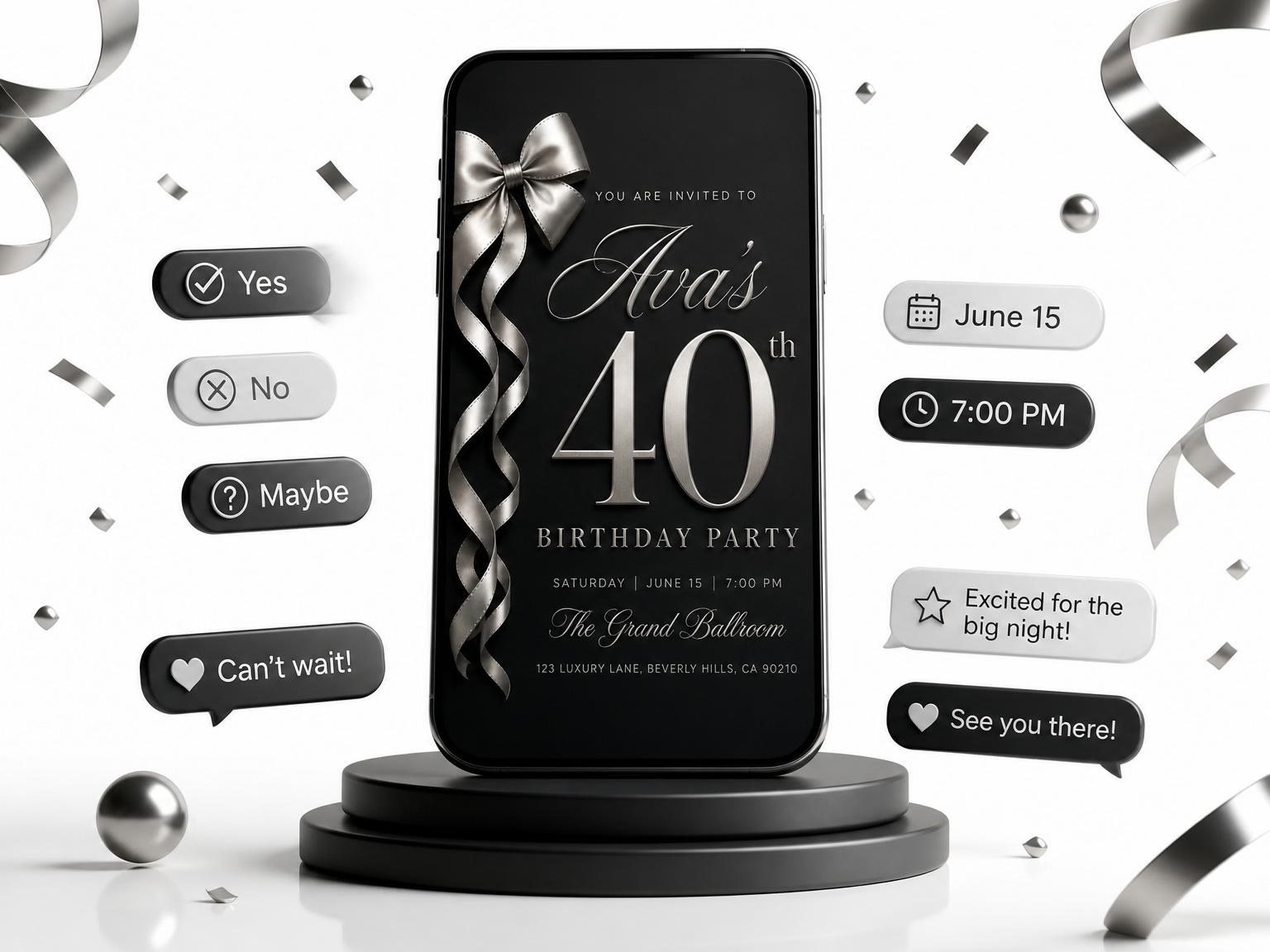 The Silver Ribbon Matte Black 40th Birthday invitation on a phone, with guest RSVPs arriving around it