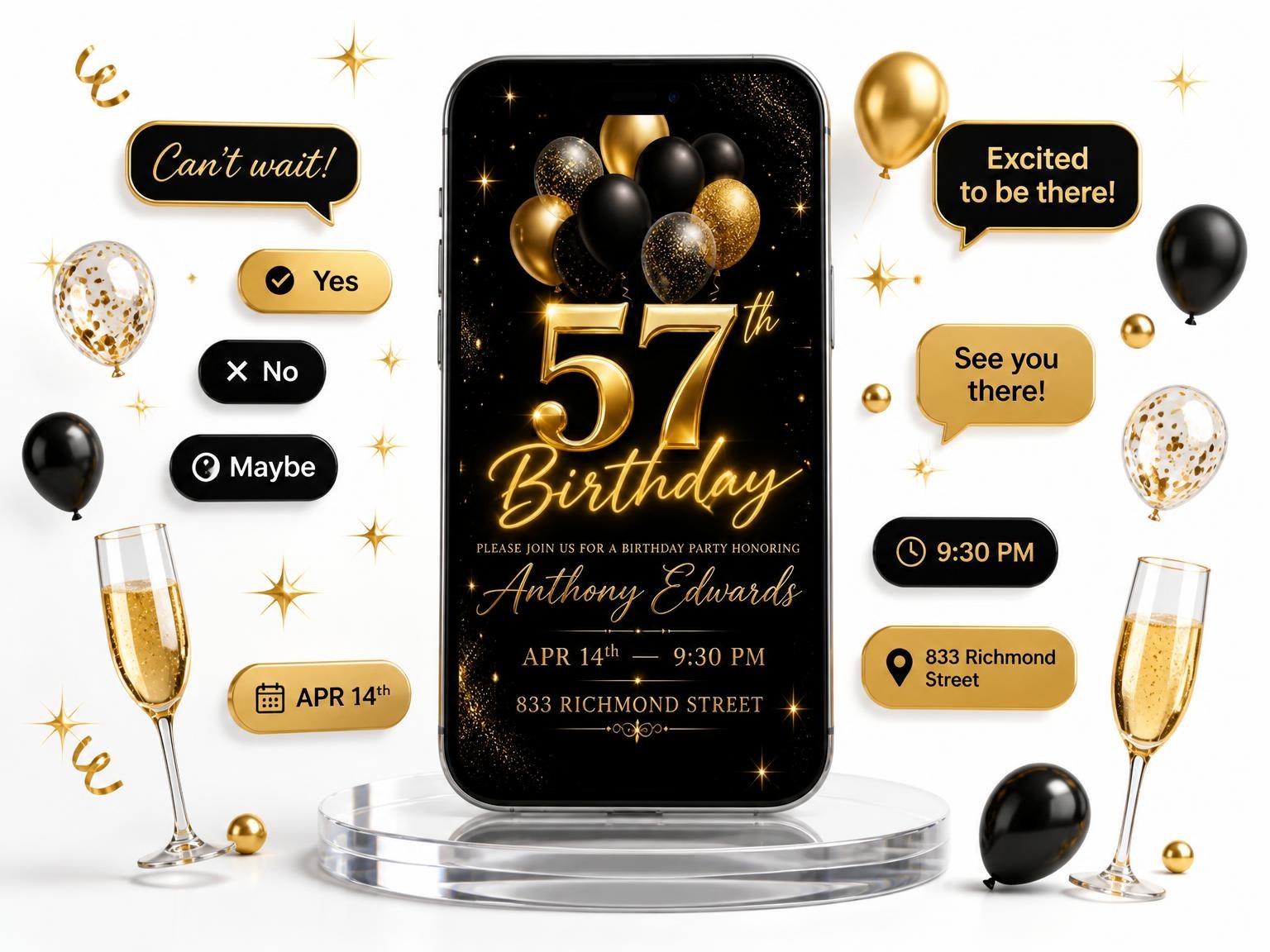 The Black and Gold Balloon 57th Birthday invitation on a phone, with guest RSVPs arriving around it