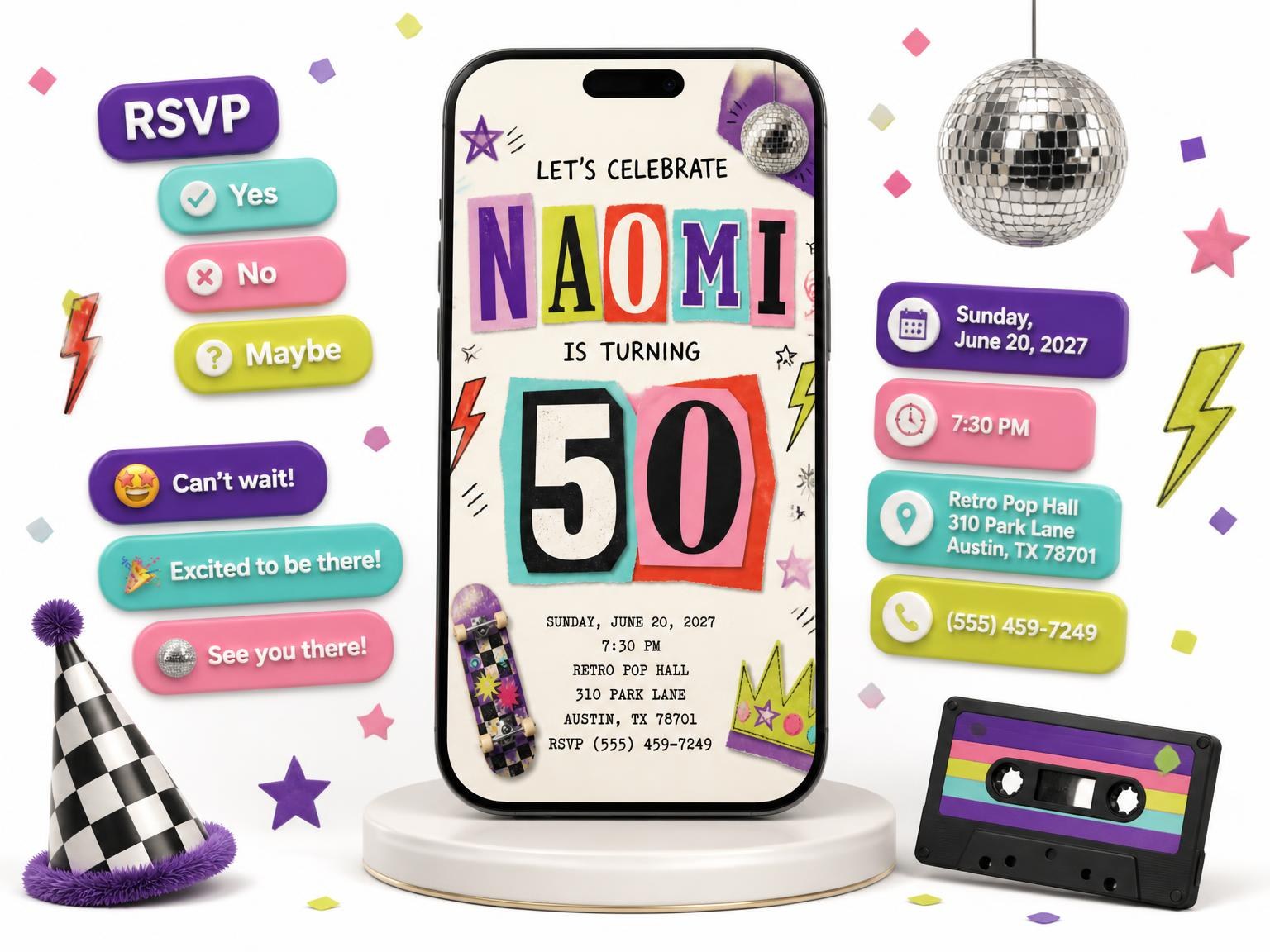 The Retro Paper Collage 50th Birthday Invitation invitation on a phone, with guest RSVPs arriving around it