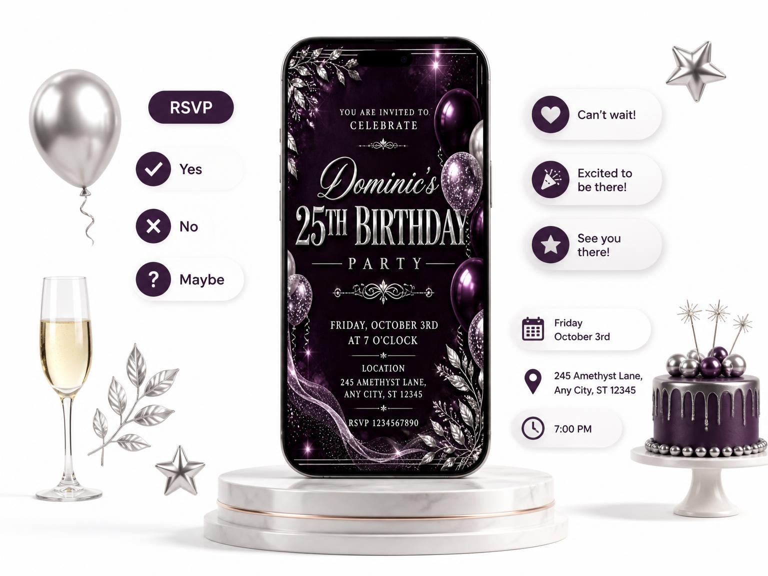 The Plum and Silver 25th Birthday Invitation invitation on a phone, with guest RSVPs arriving around it