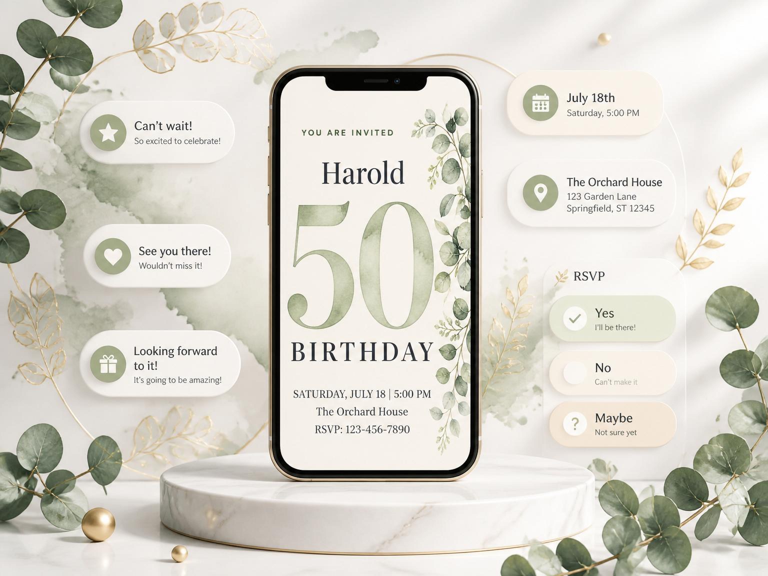 The Green Eucalyptus 50th Birthday Invitation invitation on a phone, with guest RSVPs arriving around it