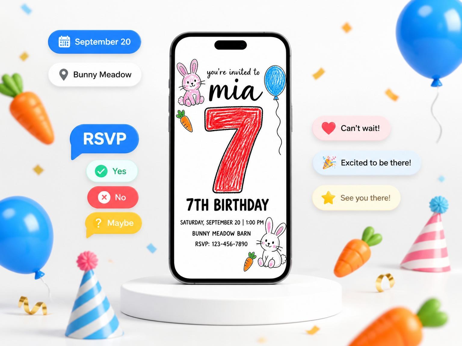 The Crayon Bunny and Carrot 7th Birthday invitation on a phone, with guest RSVPs arriving around it