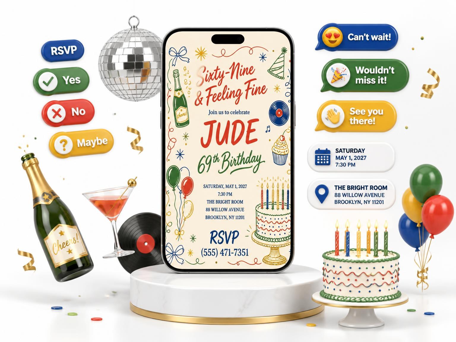 The Retro Doodle 69th Birthday Invitation invitation on a phone, with guest RSVPs arriving around it
