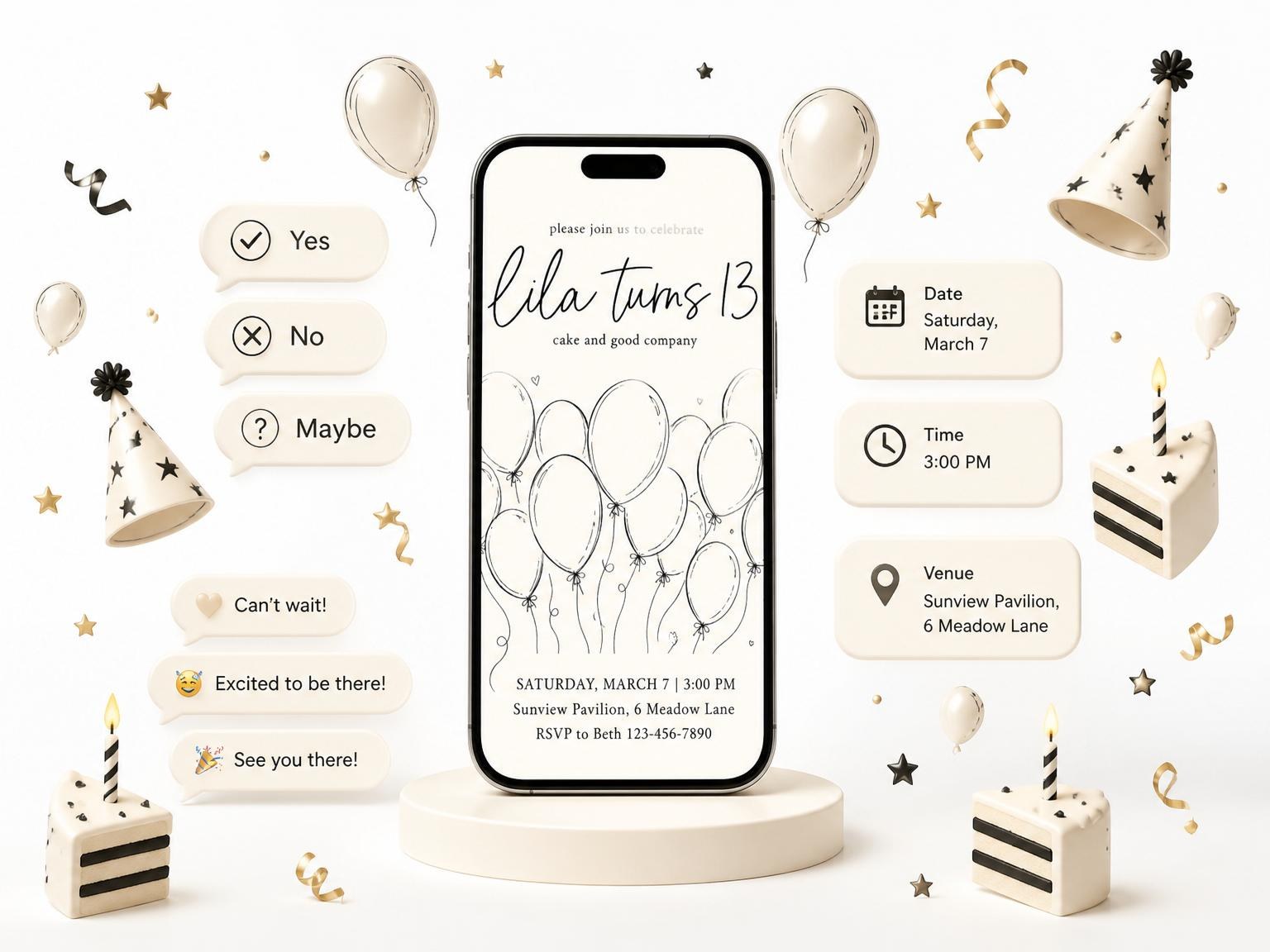 The Minimalist Black and Cream Balloon 13th Birthday invitation on a phone, with guest RSVPs arriving around it
