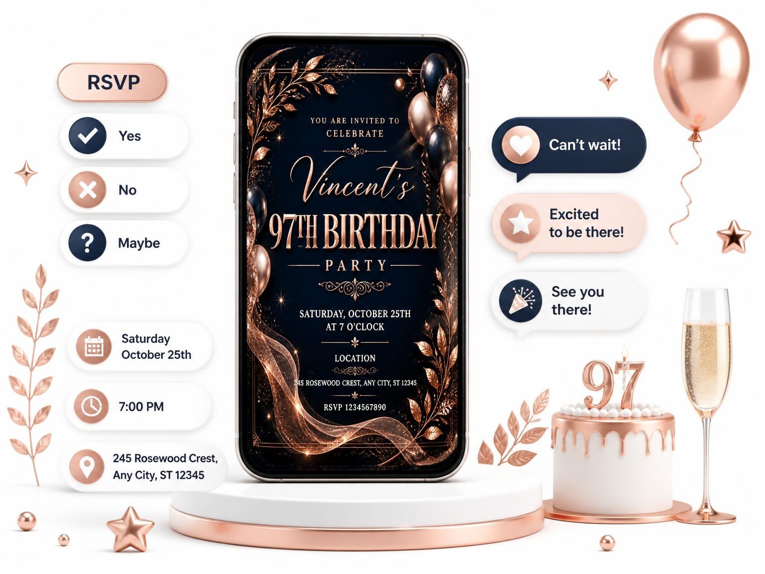 The Navy and Rose Gold 97th Birthday Invitation invitation on a phone, with guest RSVPs arriving around it