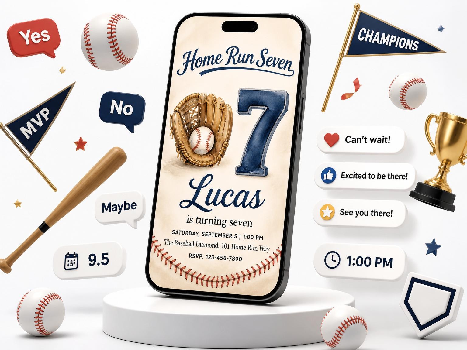 The Watercolor Baseball Glove 7th Birthday invitation on a phone, with guest RSVPs arriving around it