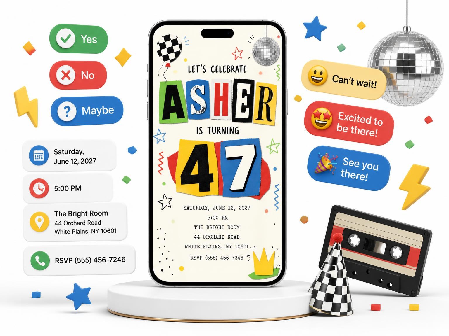 The Retro Paper Collage 47th Birthday Invitation invitation on a phone, with guest RSVPs arriving around it