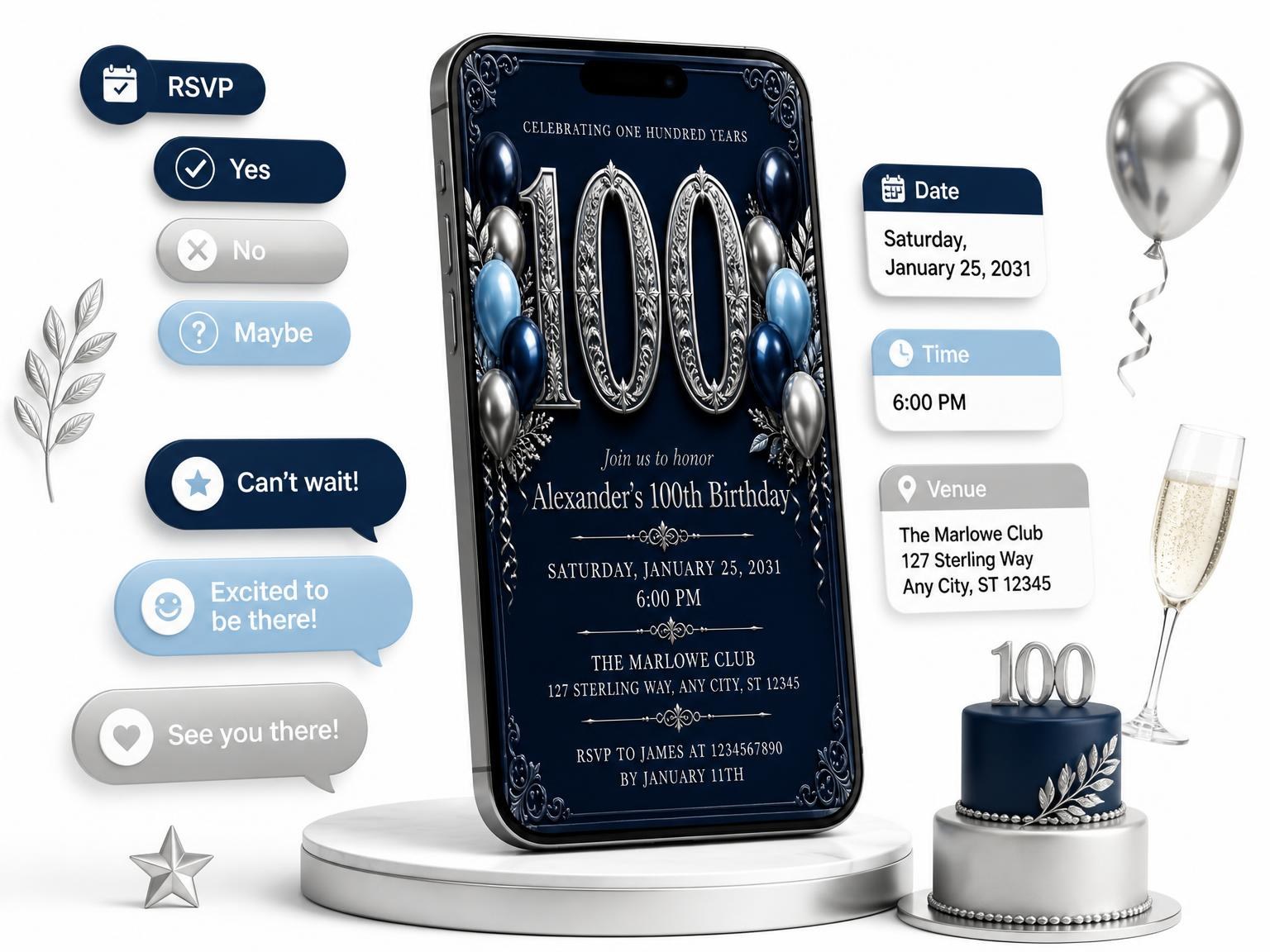 The Navy and Silver 100th Birthday Invitation invitation on a phone, with guest RSVPs arriving around it