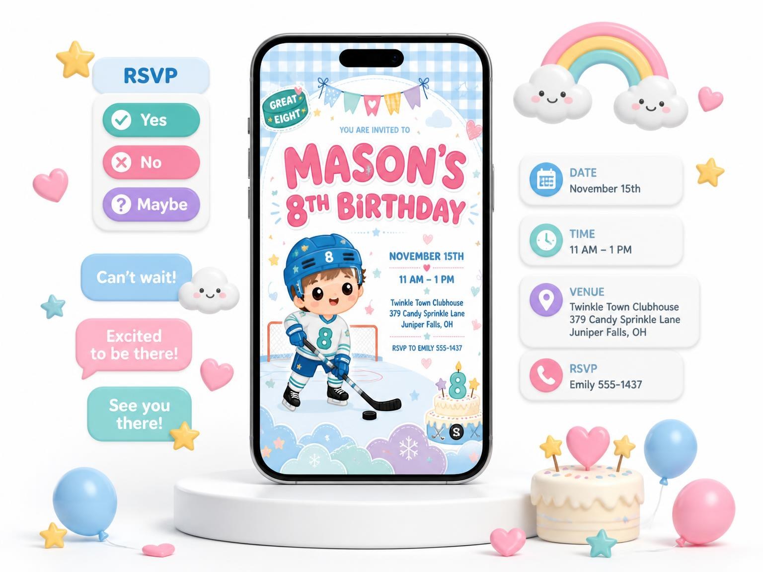 The Pastel Hockey 8th Birthday Invitation invitation on a phone, with guest RSVPs arriving around it