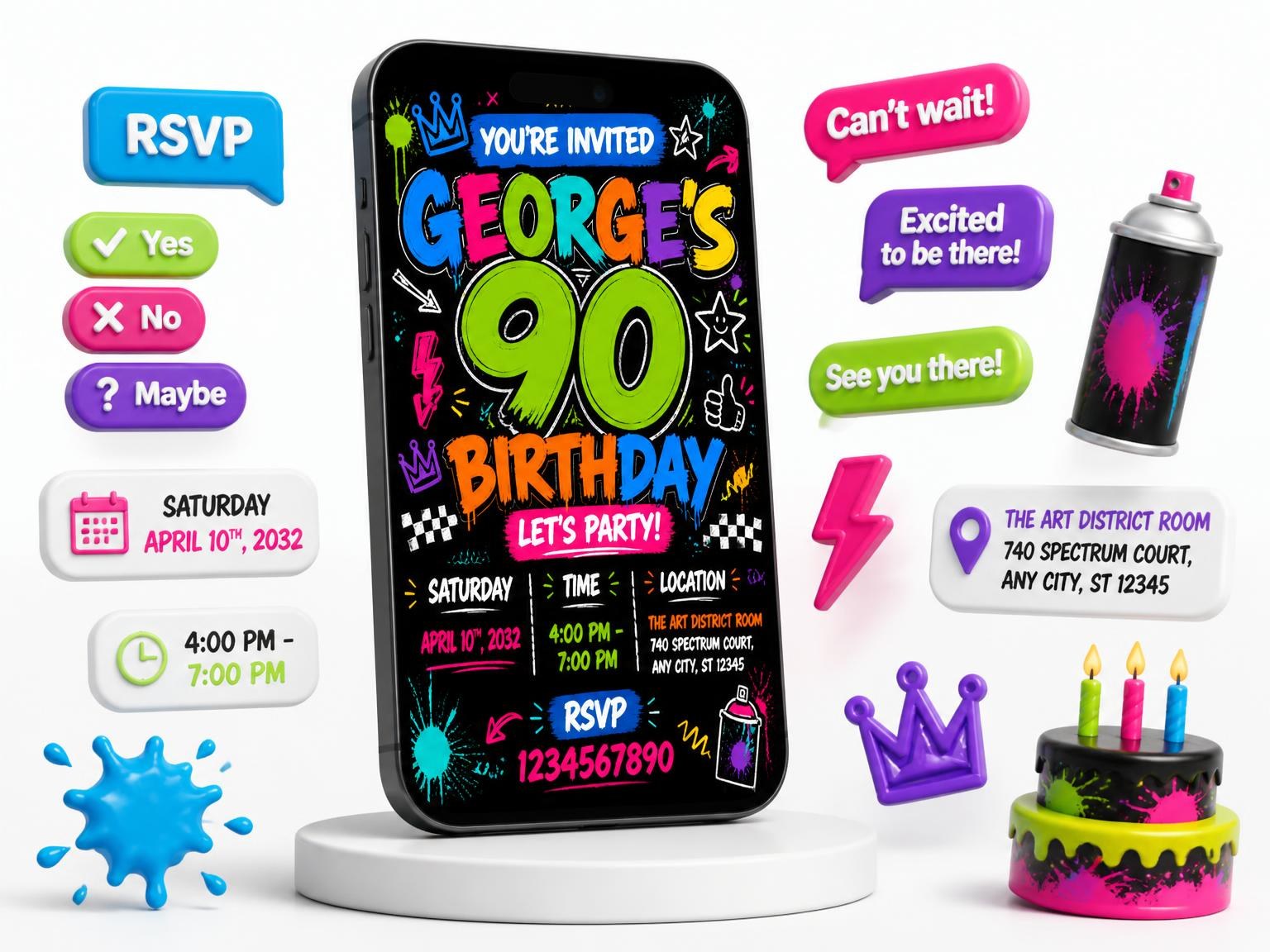 The Graffiti Street Art 90th Birthday Invitation invitation on a phone, with guest RSVPs arriving around it