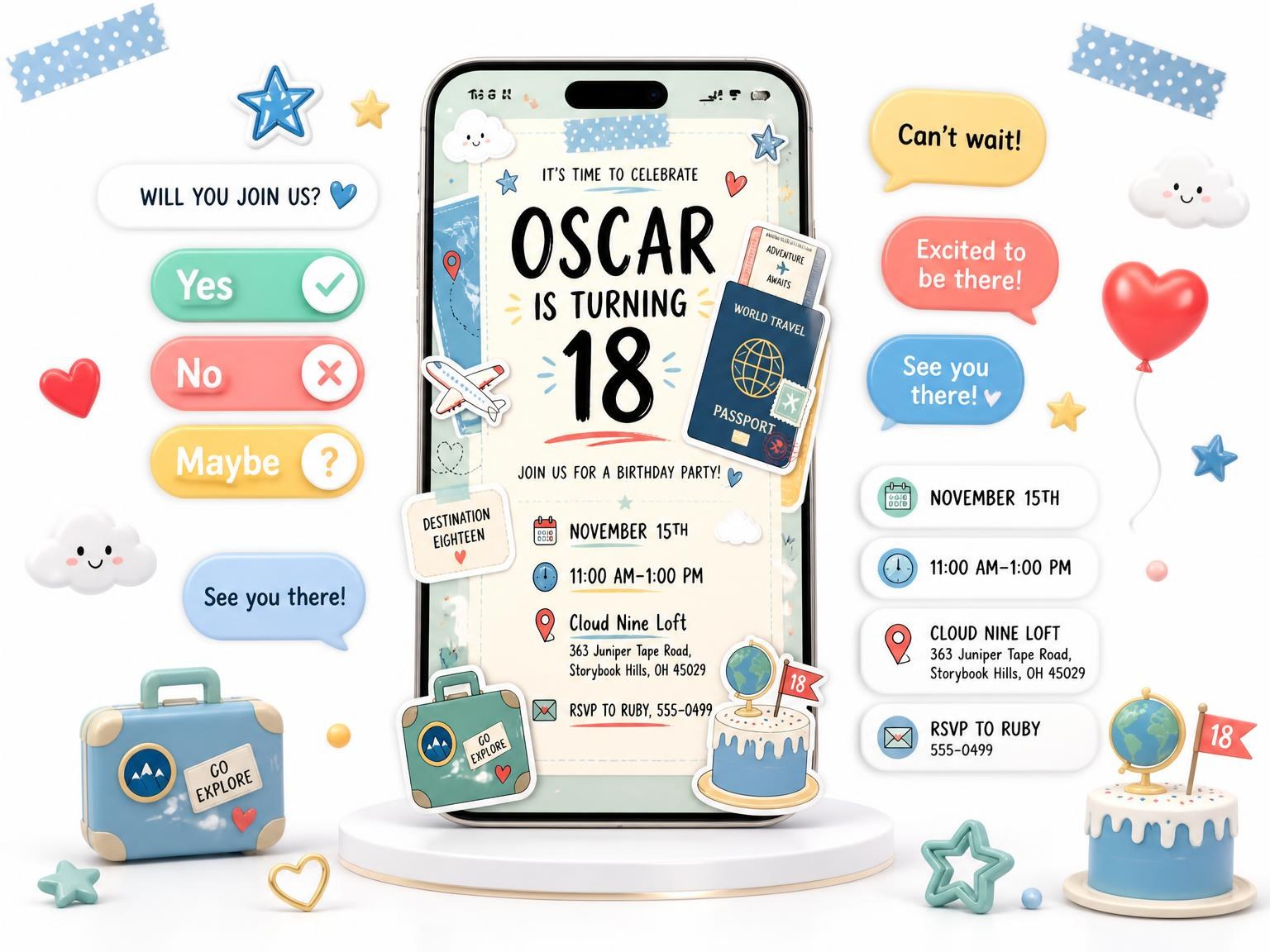 The Boarding Pass Pastel 18th Birthday Invitation invitation on a phone, with guest RSVPs arriving around it