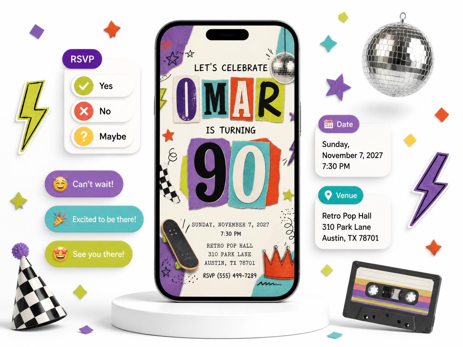 The Retro Paper Collage 90th Birthday Invitation invitation on a phone, with guest RSVPs arriving around it