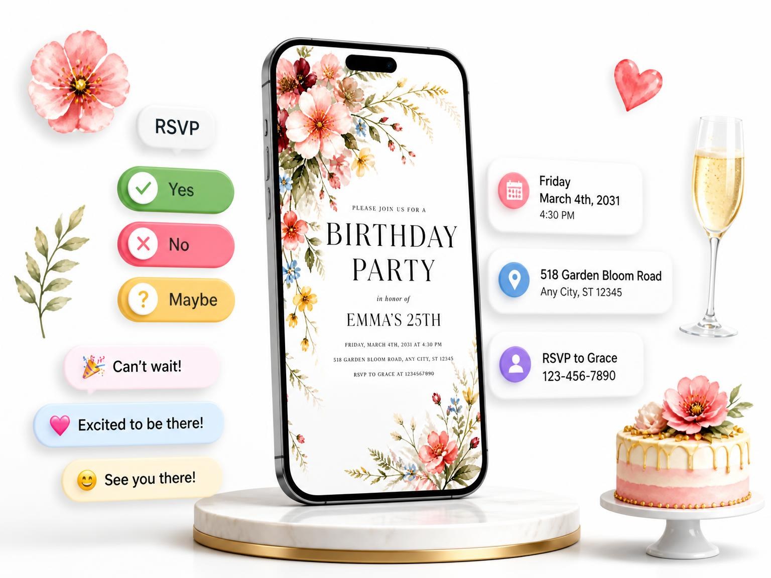 The Botanical Spray Golden 25th Birthday Invitation invitation on a phone, with guest RSVPs arriving around it