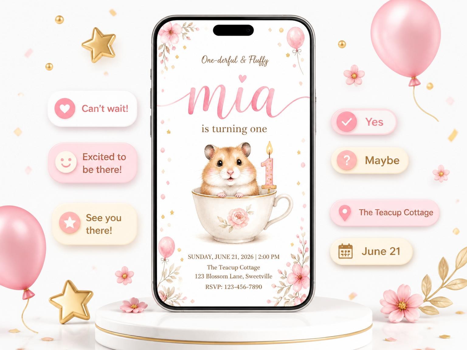 The Watercolor Teacup Hamster First Birthday invitation on a phone, with guest RSVPs arriving around it