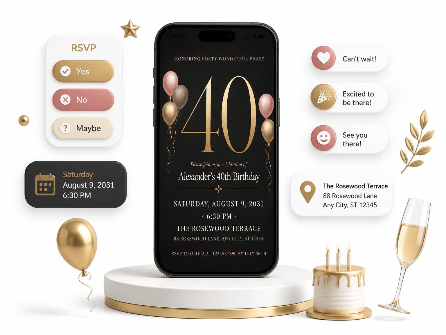 The Charcoal and Blush 40th Birthday Invitation invitation on a phone, with guest RSVPs arriving around it