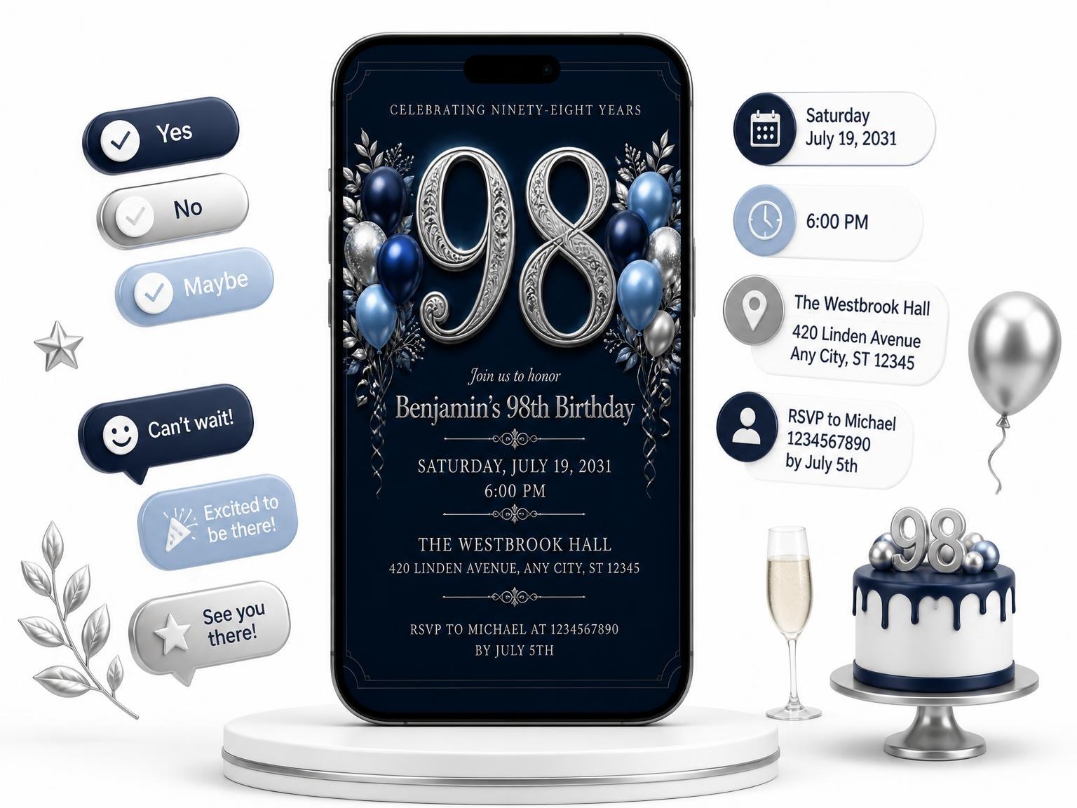 The Navy and Silver 98th Birthday Invitation invitation on a phone, with guest RSVPs arriving around it
