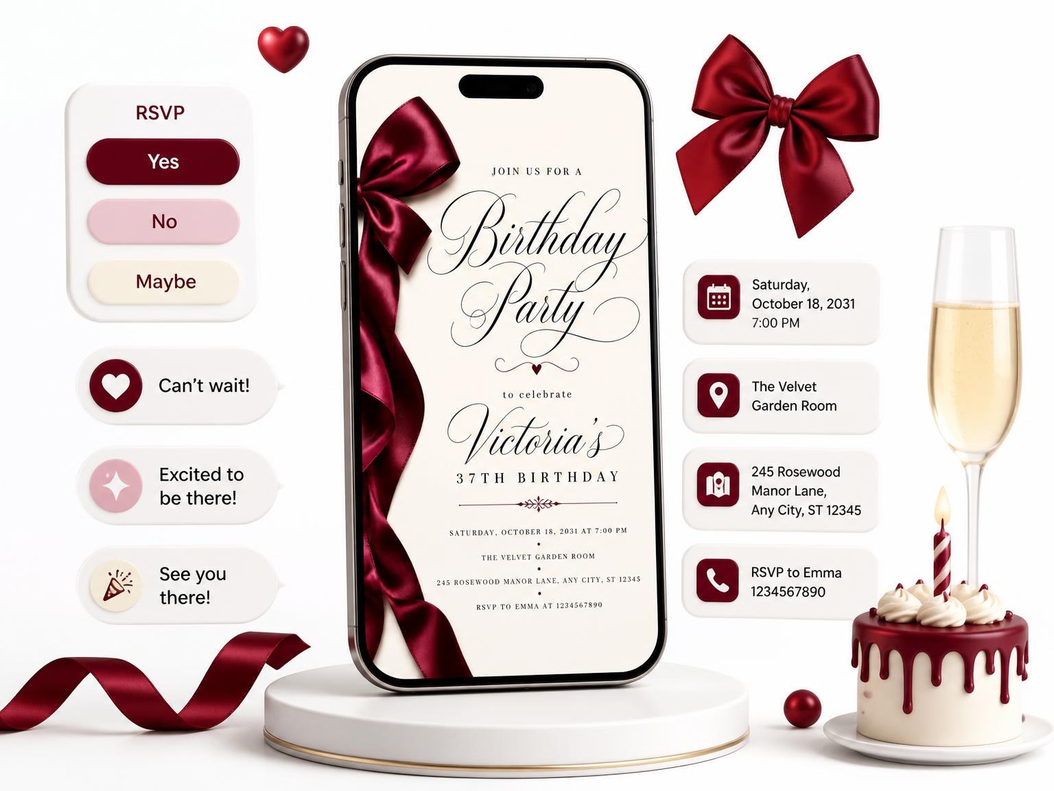 The Burgundy Satin Bow 37th Birthday Invitation invitation on a phone, with guest RSVPs arriving around it