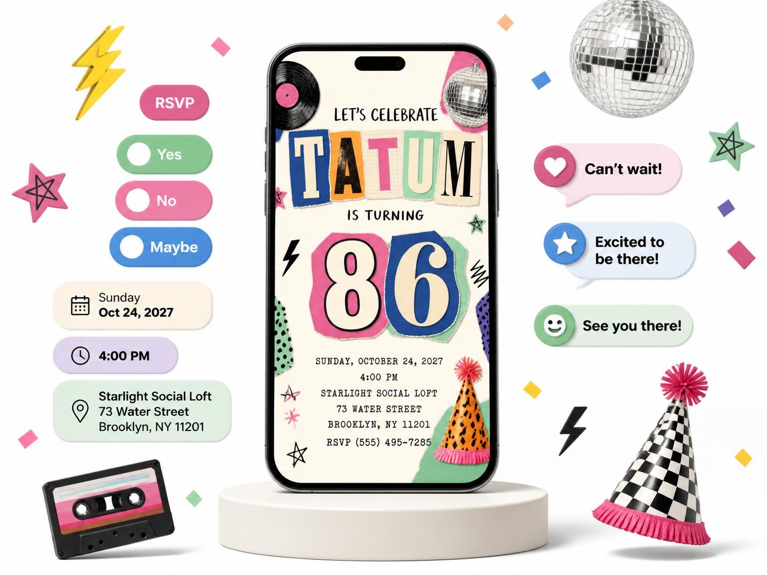 The Retro Paper Collage 86th Birthday Invitation invitation on a phone, with guest RSVPs arriving around it