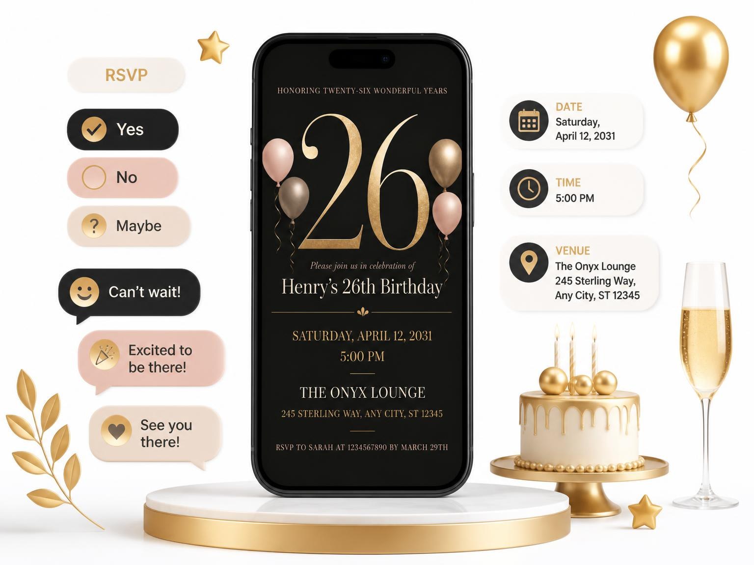 The Charcoal and Blush 26th Birthday Invitation invitation on a phone, with guest RSVPs arriving around it