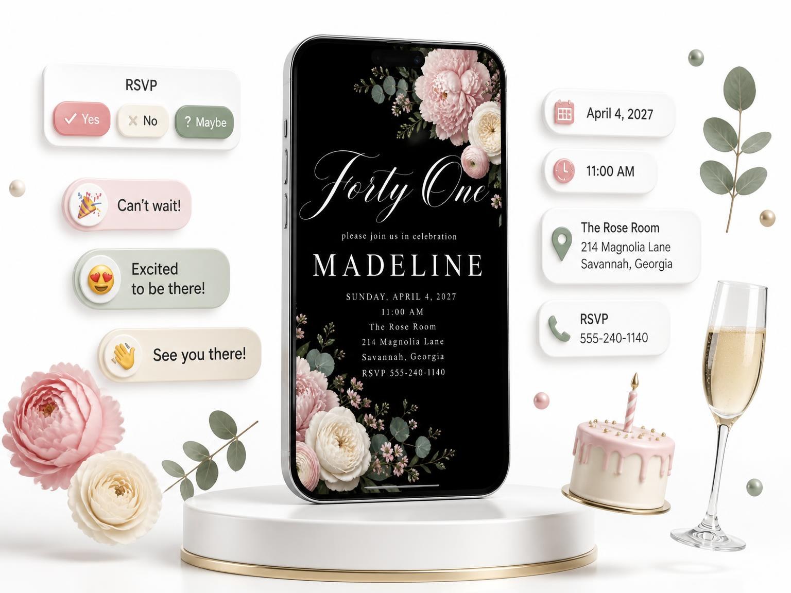 The Black Floral 41st Birthday Invitation invitation on a phone, with guest RSVPs arriving around it