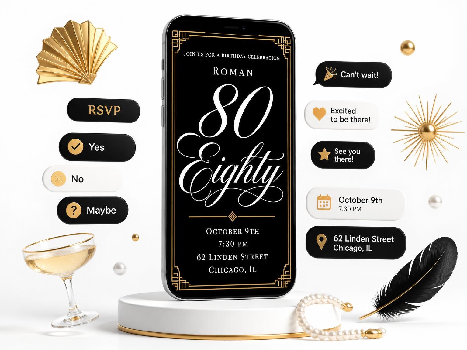 The Art Deco 80th Birthday Invitation invitation on a phone, with guest RSVPs arriving around it