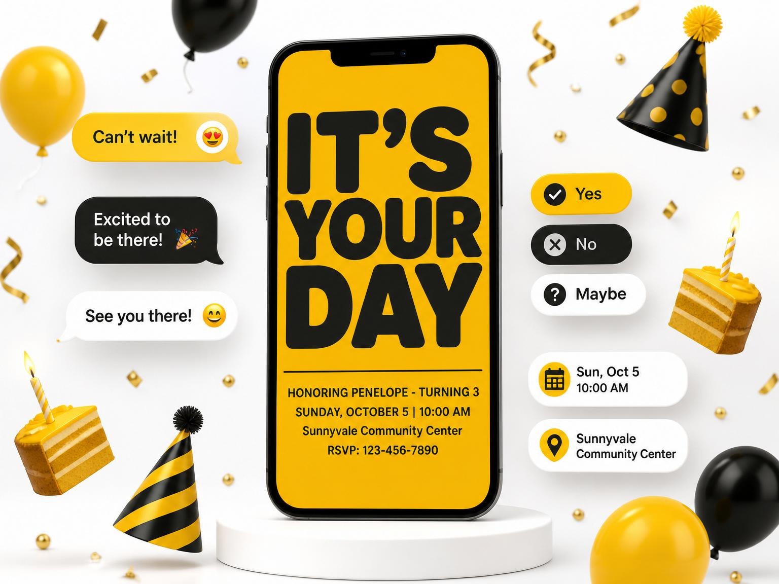 The Yellow Black Bold Typography 3rd Birthday invitation on a phone, with guest RSVPs arriving around it
